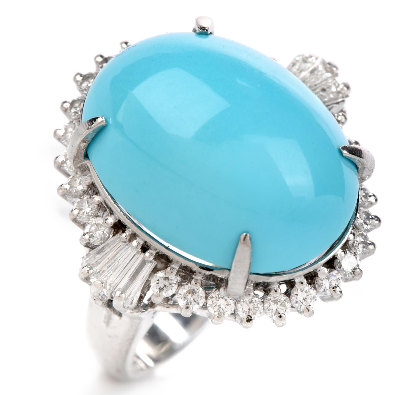 Show your stoic side, with this beautiful Vintage Diamond Persian Turquoise Platinum Oval Halo Ring! 

Turquoise from any origin where the once ancient Persian Empire stood, can be considered Persian turquoise,

and it is the most high-quality