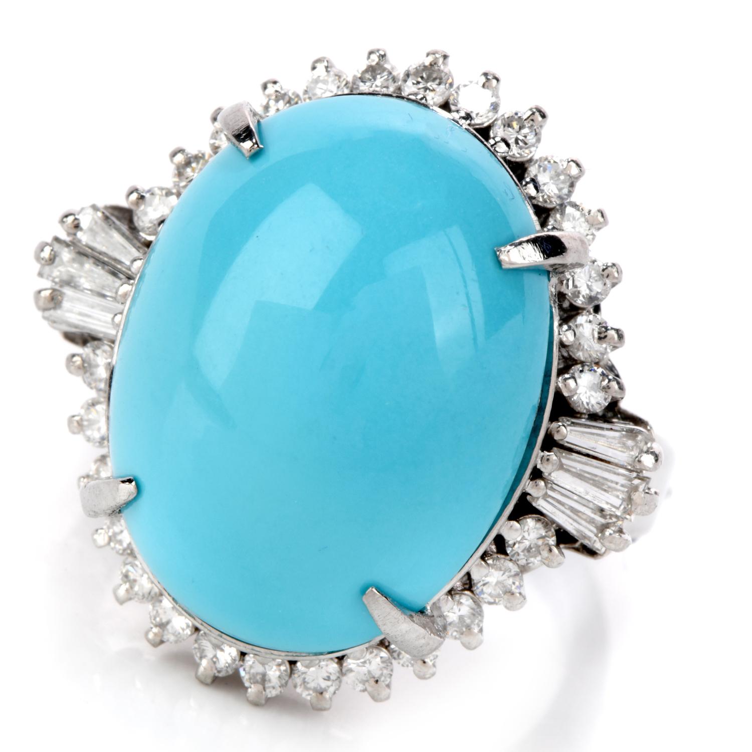 Modern 1980s Diamond Persian Turquoise Platinum Oval Halo Ring