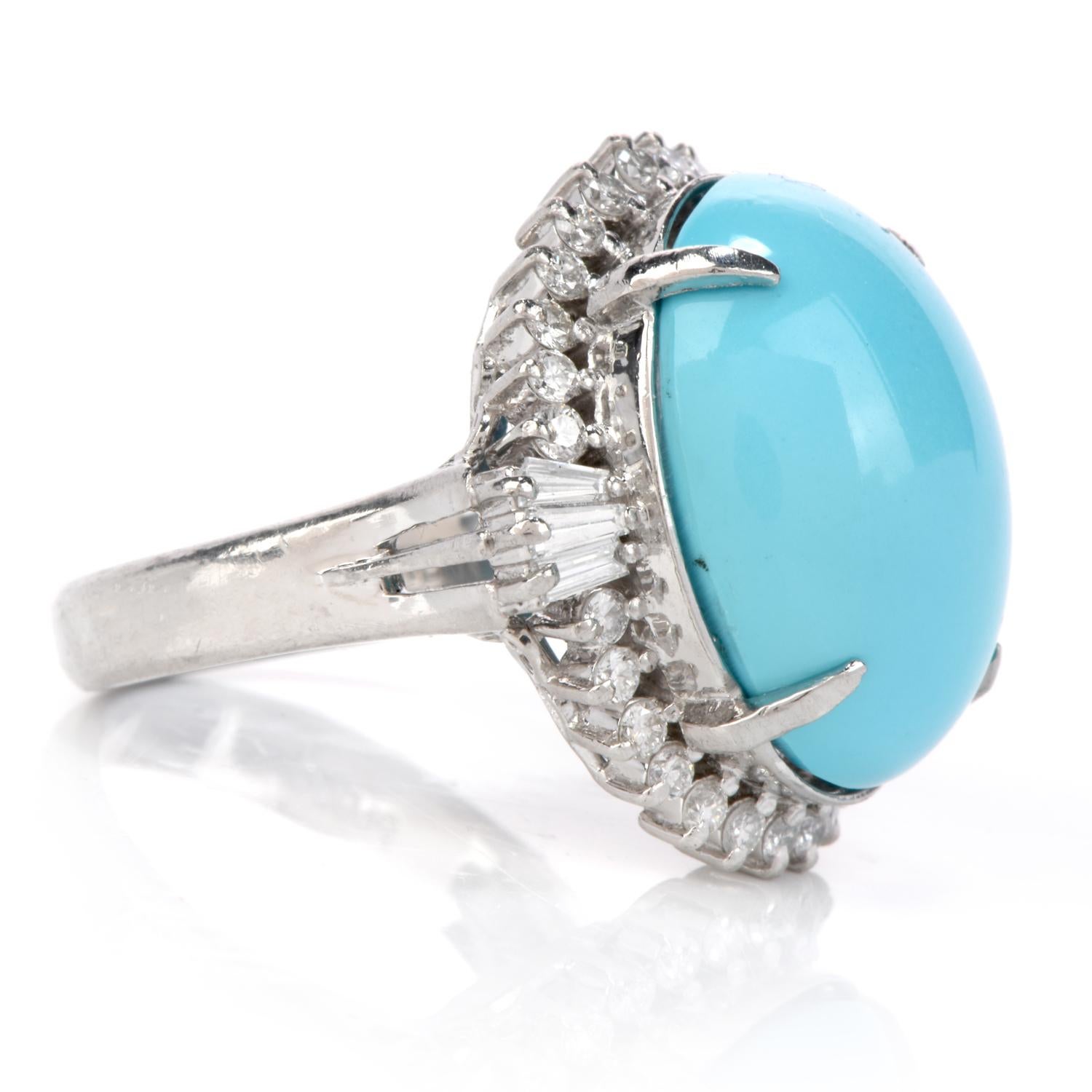 1980s Diamond Persian Turquoise Platinum Oval Halo Ring In Excellent Condition In Miami, FL