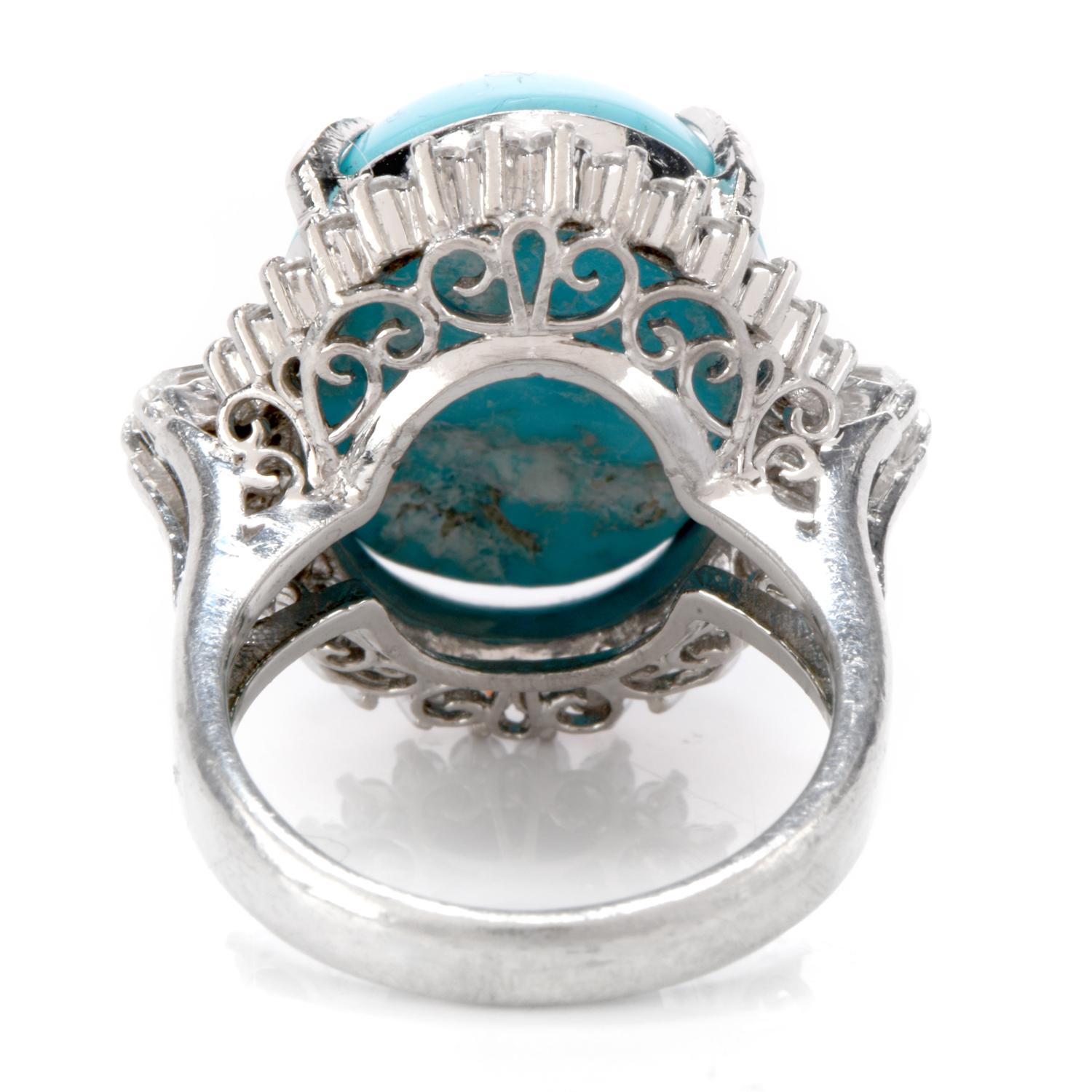 Women's 1980s Diamond Persian Turquoise Platinum Oval Halo Ring