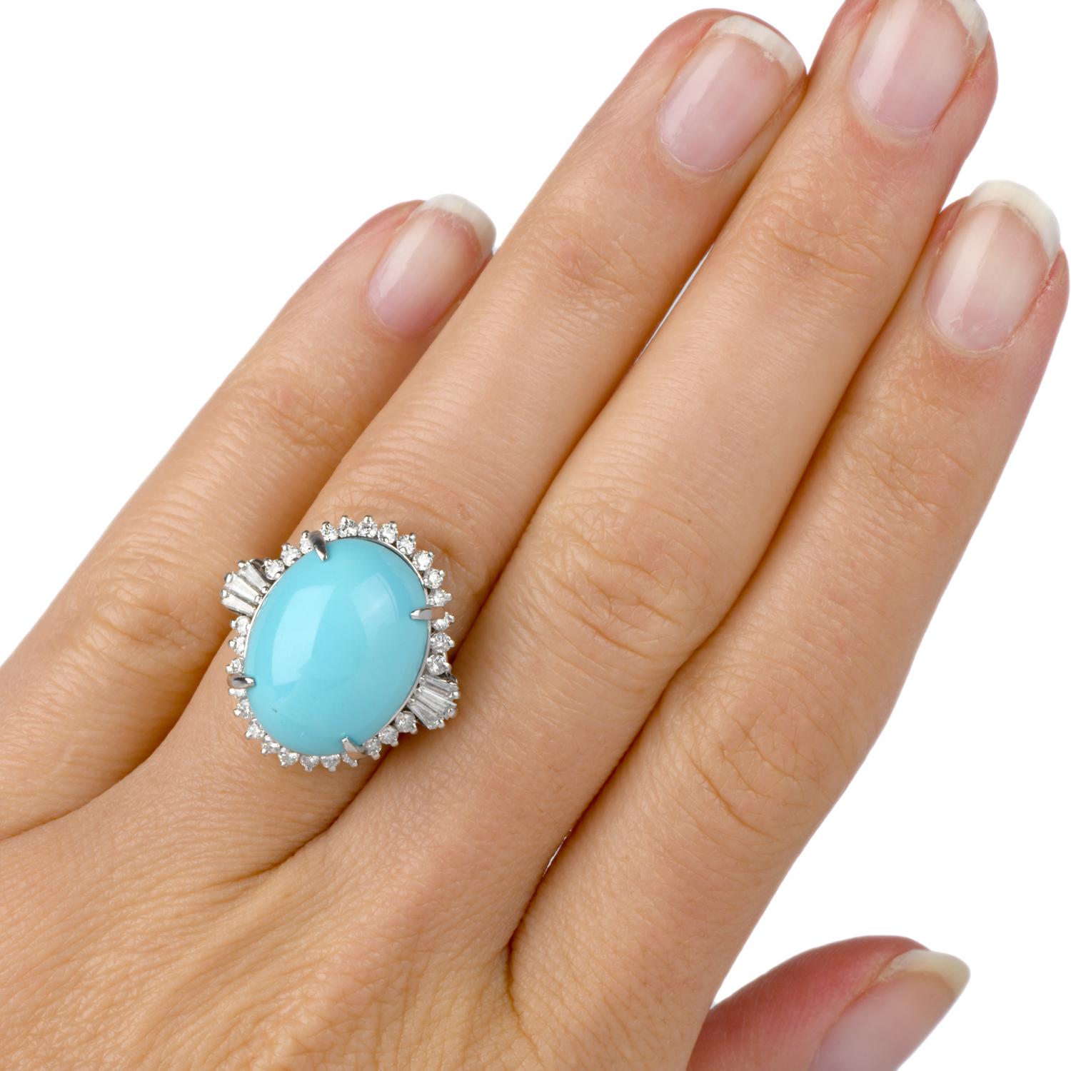 1980s Diamond Persian Turquoise Platinum Oval Halo Ring 1