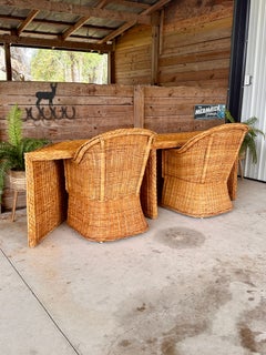 1980’s Monumental Organic Modern Large Braid Rattan Console/Partner Desk