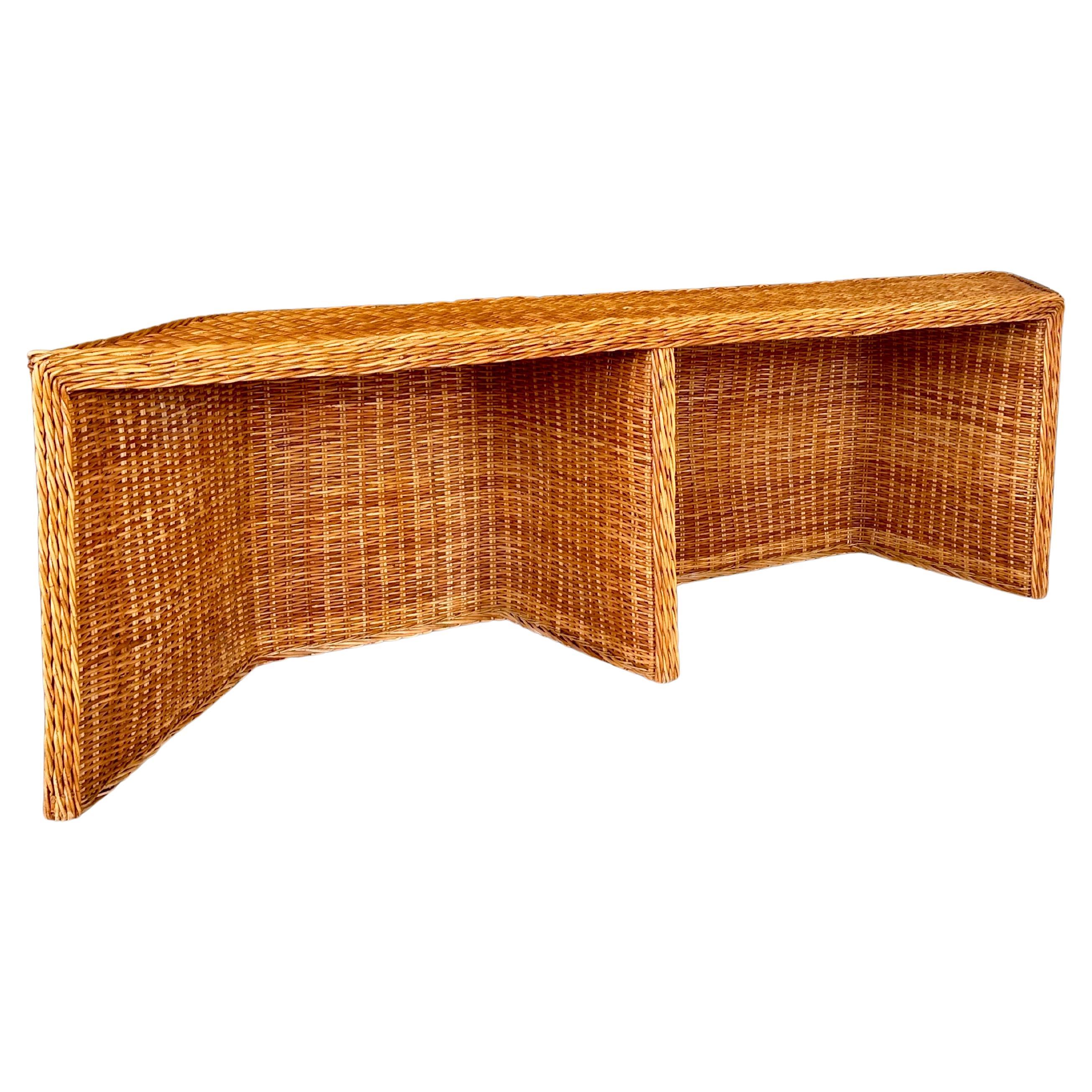 1980’s Monumental Organic Modern Large Braid Rattan Console/Partner Desk