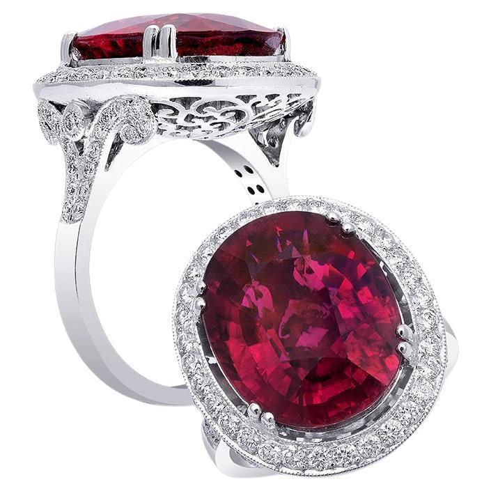 Natural Red Rubellite Gemstone 9.81 cts in 18K White Gold Ring with Diamonds