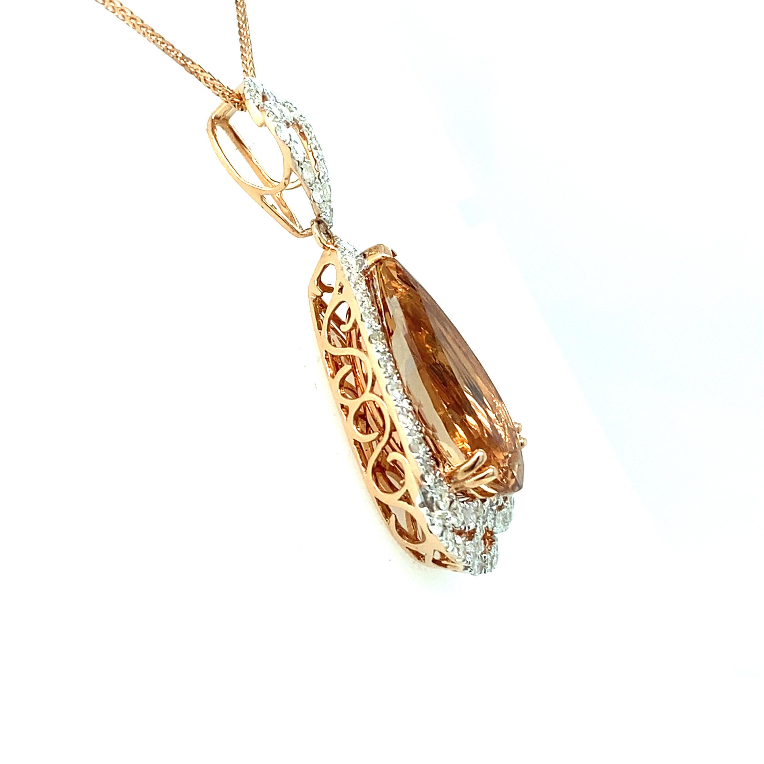 Pear Cut 9.82 Carat Morganite Diamond Rose Gold Pendant Necklace For Sale