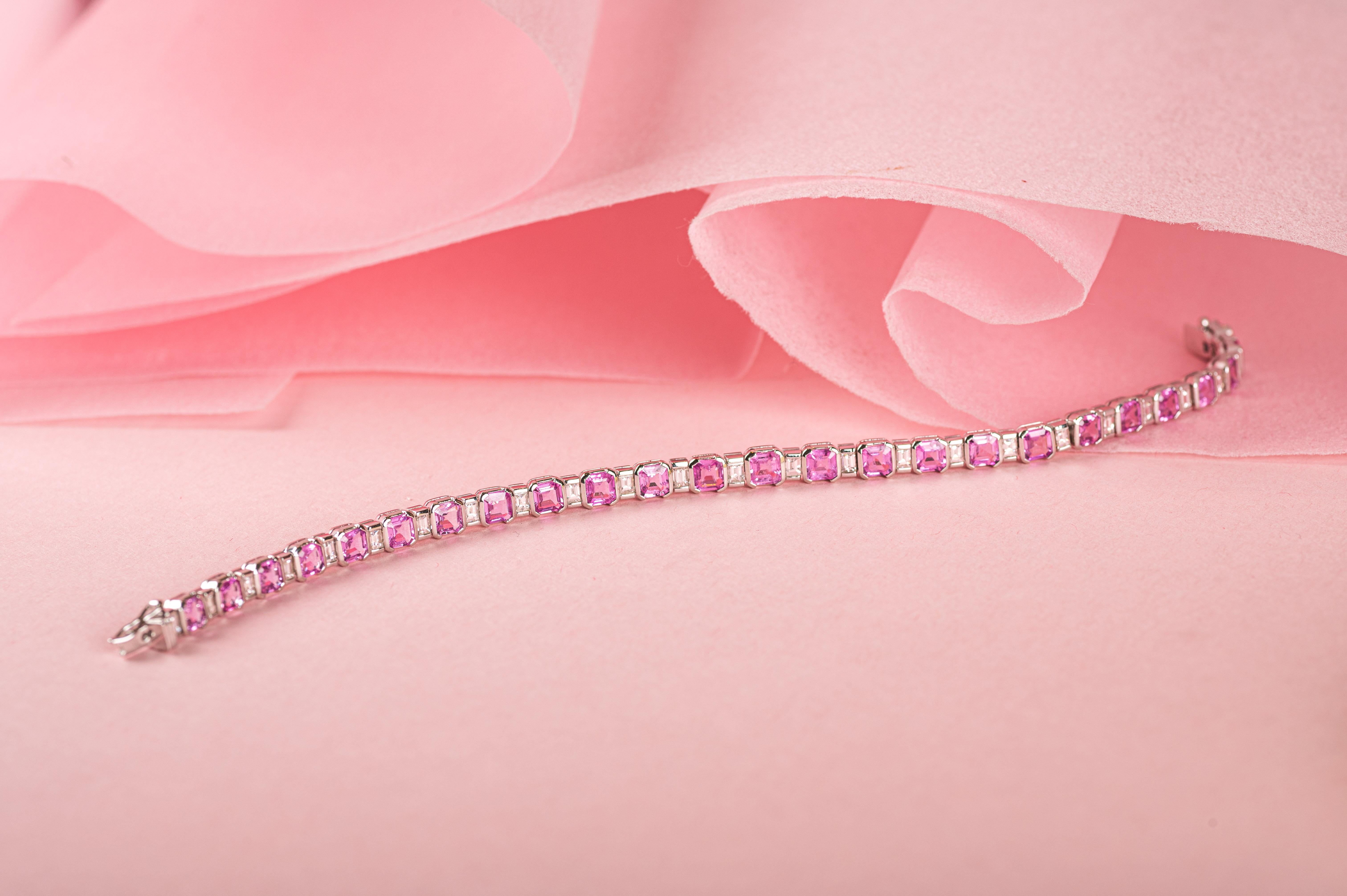 9.82 Carat Natural Pink Sapphire and Diamond Tennis Bracelet in 18K White Gold  For Sale 1