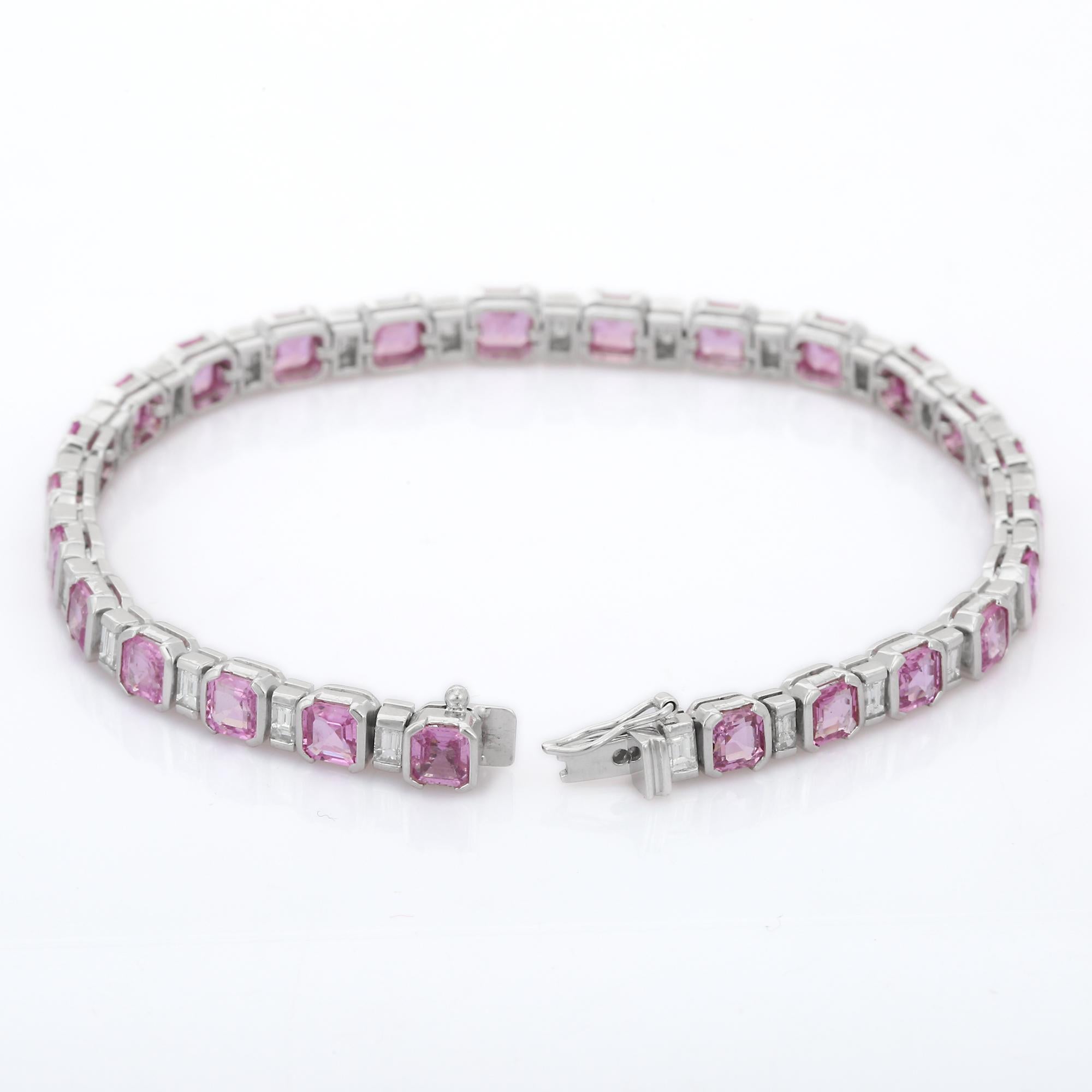 Octagon Cut 9.82 Carat Natural Pink Sapphire and Diamond Tennis Bracelet in 18K White Gold  For Sale