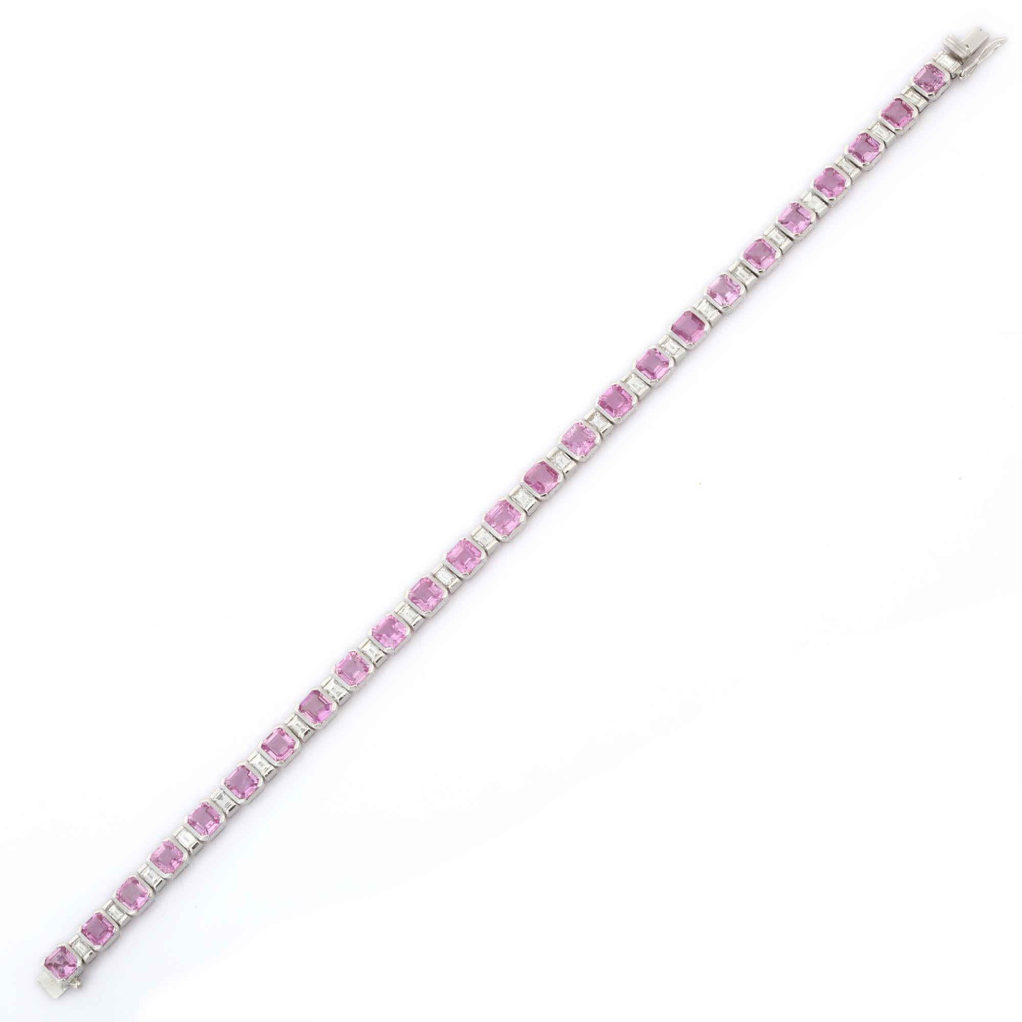 9.82 Carat Natural Pink Sapphire and Diamond Tennis Bracelet in 18K White Gold  In New Condition For Sale In Houston, TX