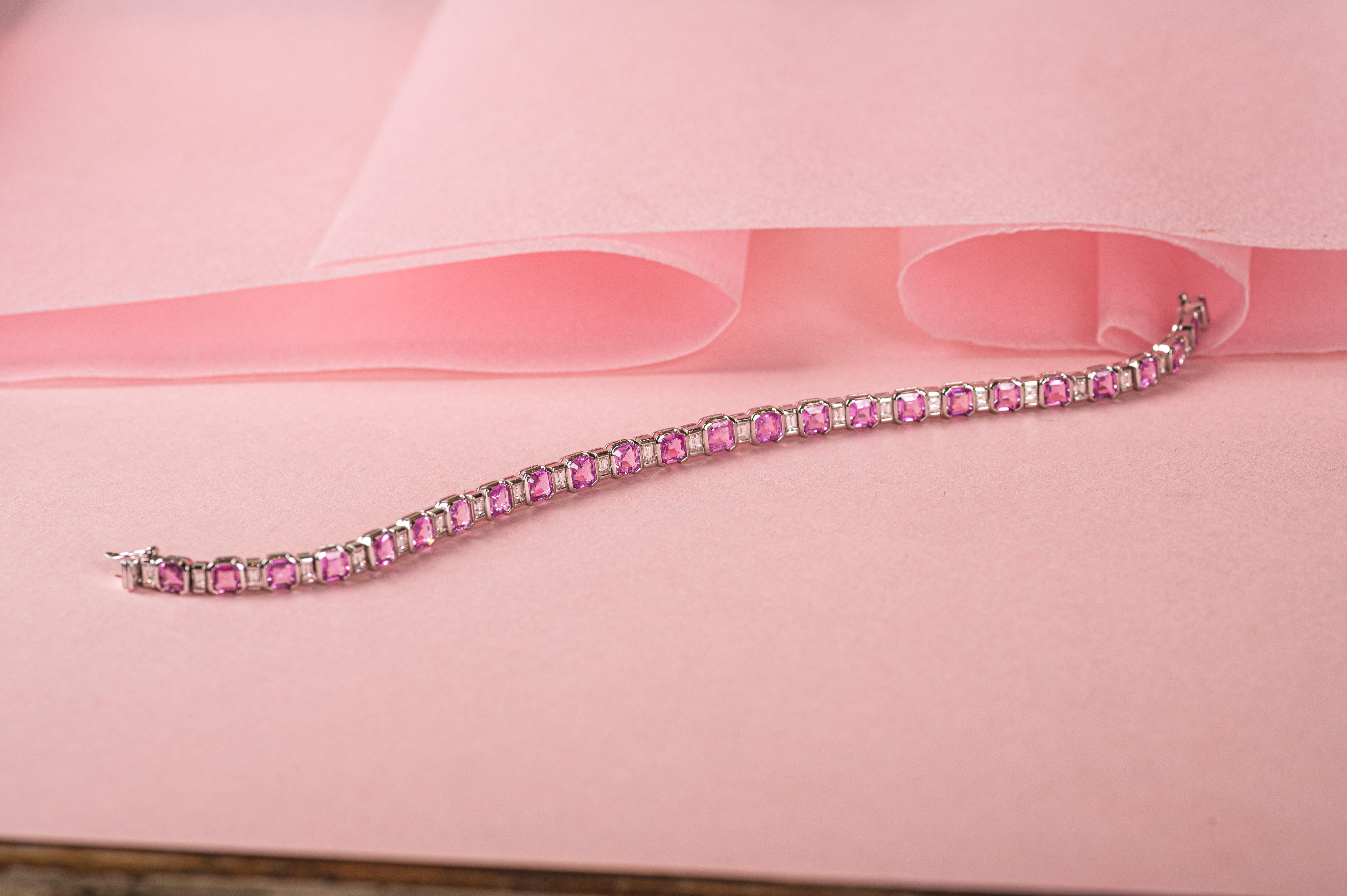 Women's 9.82 Carat Natural Pink Sapphire and Diamond Tennis Bracelet in 18K White Gold  For Sale