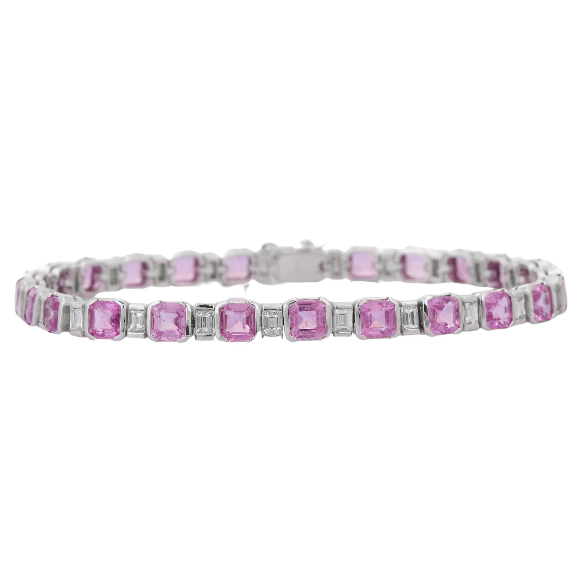 9.82 Carat Natural Pink Sapphire and Diamond Tennis Bracelet in 18K White Gold 