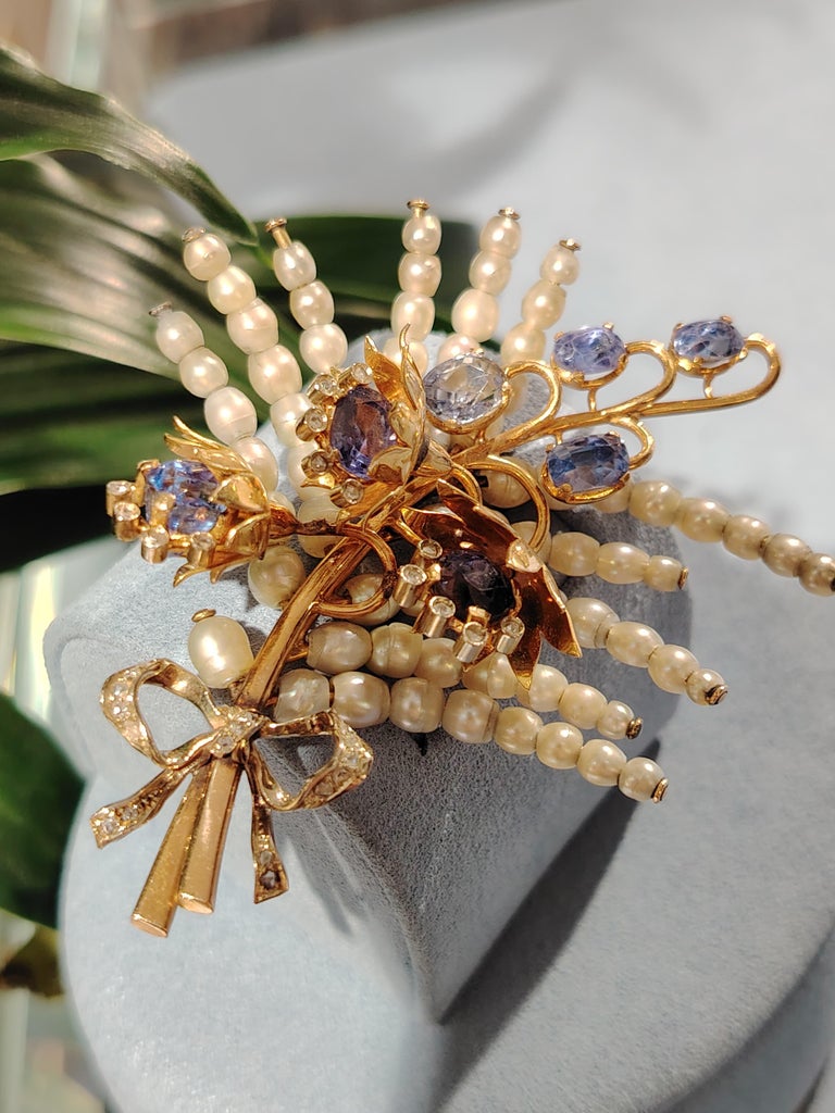 Broche En Or 18k Jaune Et Blanc Avec Perle Et Diamants - Bijou Ancien, Occasion