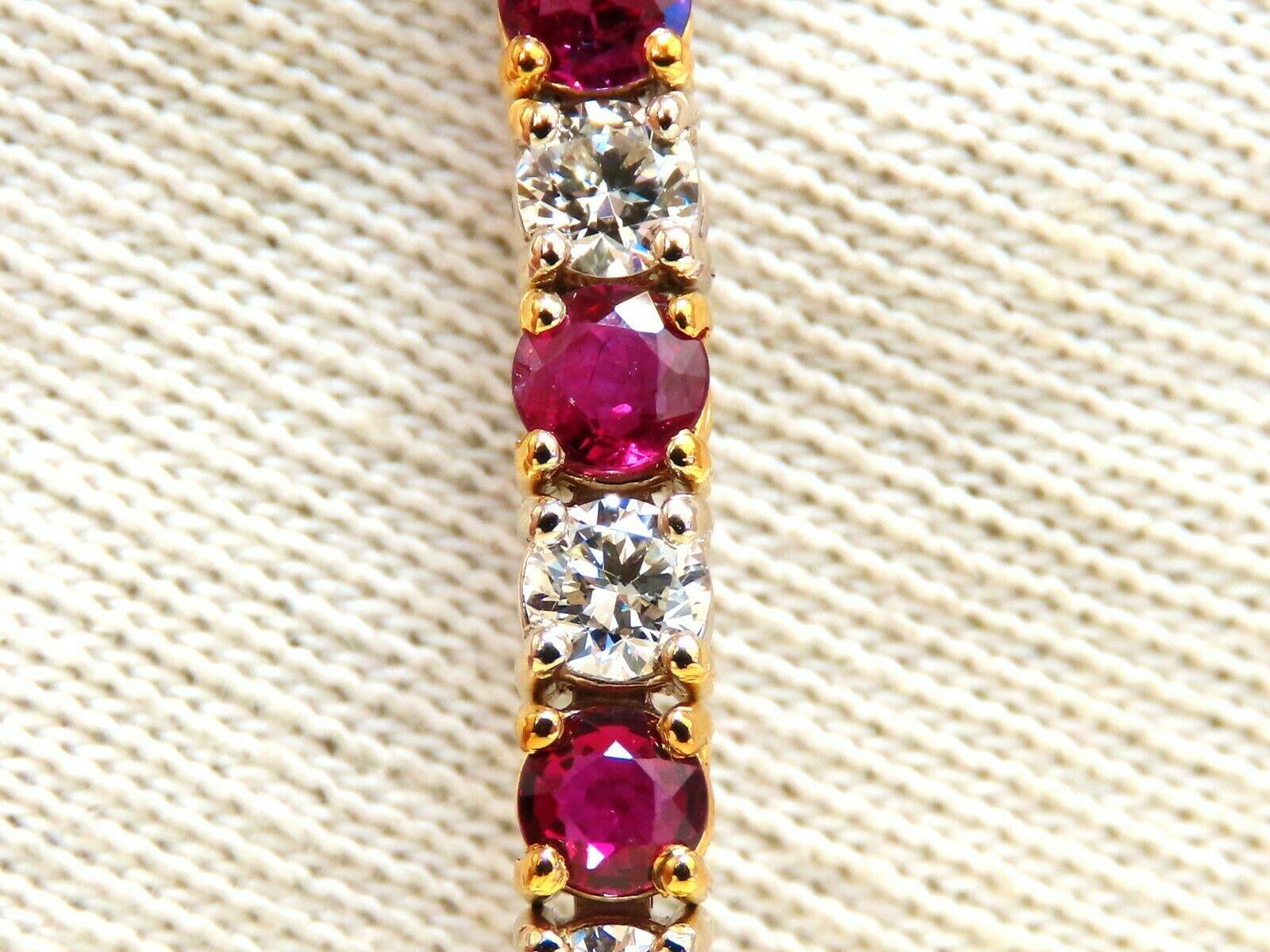 Ruby & Classic Alternating Tennis.

5.70ct. Natural ruby bracelet.

Rounds, full cuts 

Clean clarity

Transparent & Vivid Reds.

Average 4mm each

4.12ct Natural Diamonds

Rounds & full cuts

Vs-s clarity G-color

14kt. yellow & white Gold

13.5