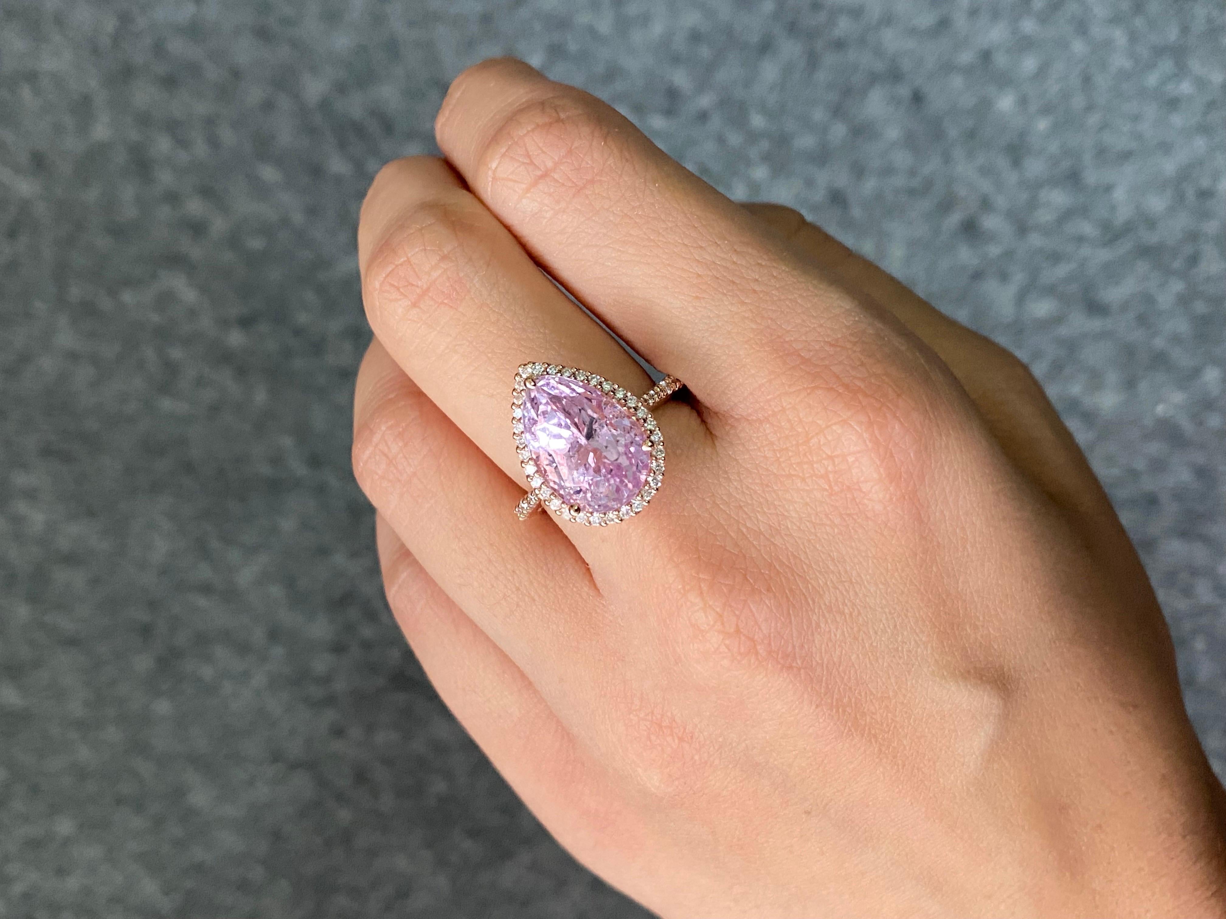 Pear Cut 9.82ctw Pear Kunzite, Diamond Large Statement Halo Cluster Ring in Pink Gold For Sale