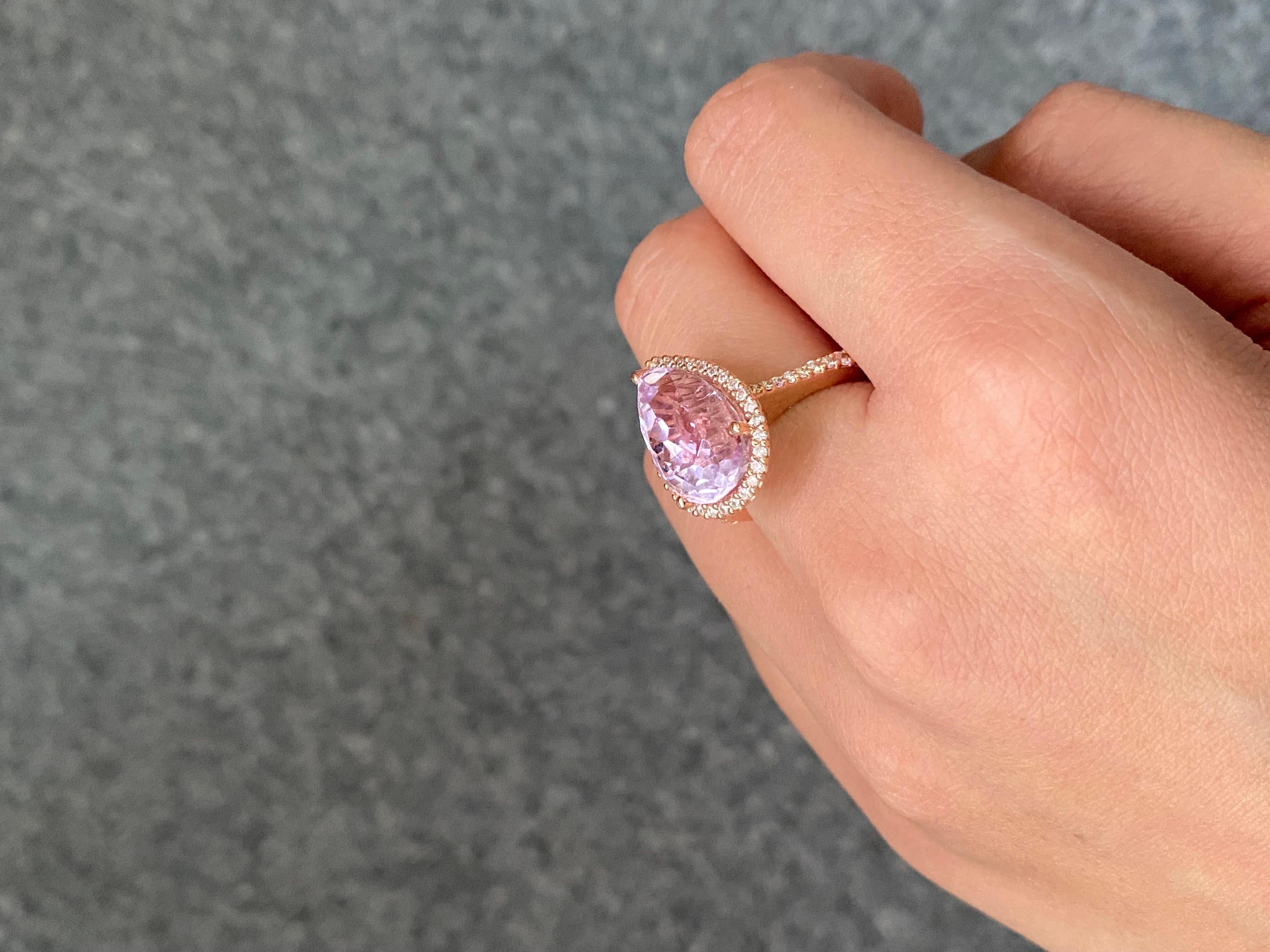 Women's 9.82ctw Pear Kunzite, Diamond Large Statement Halo Cluster Ring in Pink Gold For Sale
