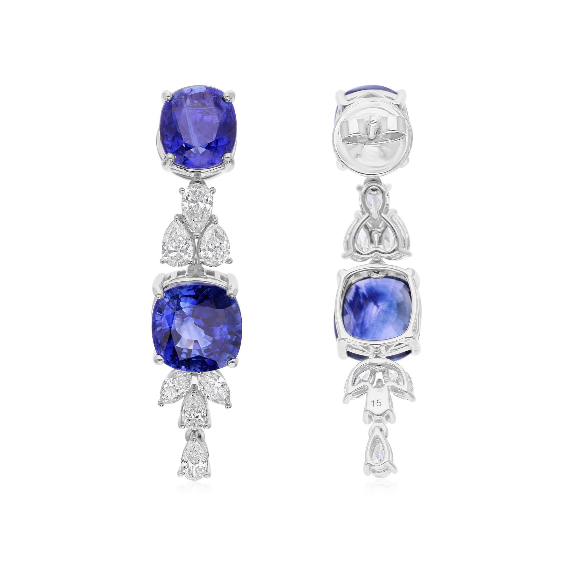 Art Déco Orecchini pendenti con zaffiro blu da 9,83 carati e diamante da 1,40 carati, oro bianco 14 carati in vendita