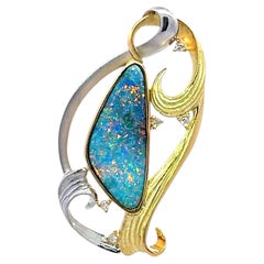 9.83 Carat Boulder Opal Diamond Platinum-18K Yellow Gold Brooch-Pendant