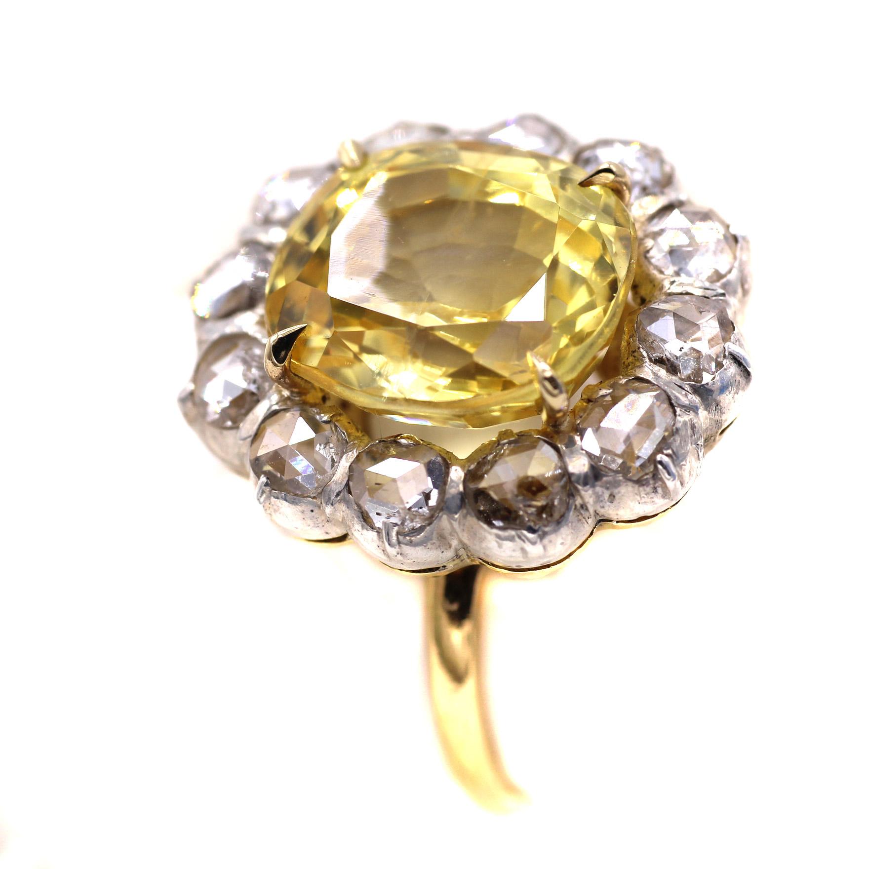 9.83 Carat Natural No Heat Yellow Sapphire Rose Cut Diamond Silver on Gold Ring In Excellent Condition In New York, NY