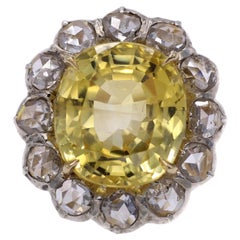9.83 Carat Natural No Heat Yellow Sapphire Rose Cut Diamond Silver on Gold Ring