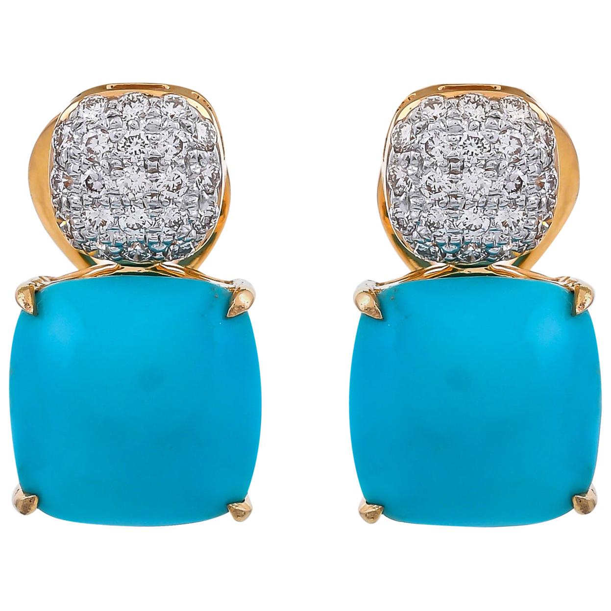 9.83 Carat Turquoise Diamond 18 Karat Yellow Gold Stud Earrings