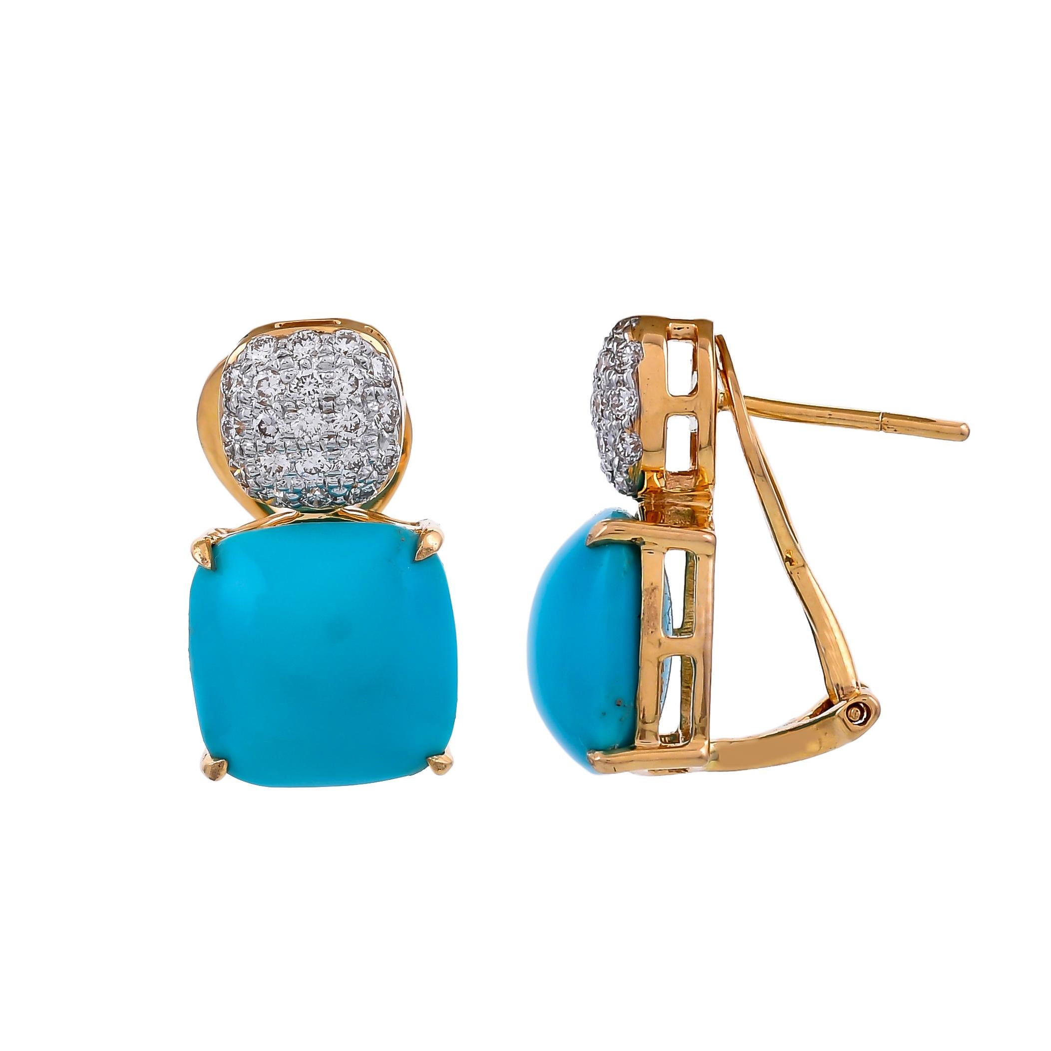 Crafted in 18 Karat yellow gold, this simple and chic design earrings features a 9.83 carats fine turquoise cabochon embellished with 0.57 carats pave set diamonds.
Add extra sparkle with this precious and one of a kind piece.
Stone Size-11x11mm