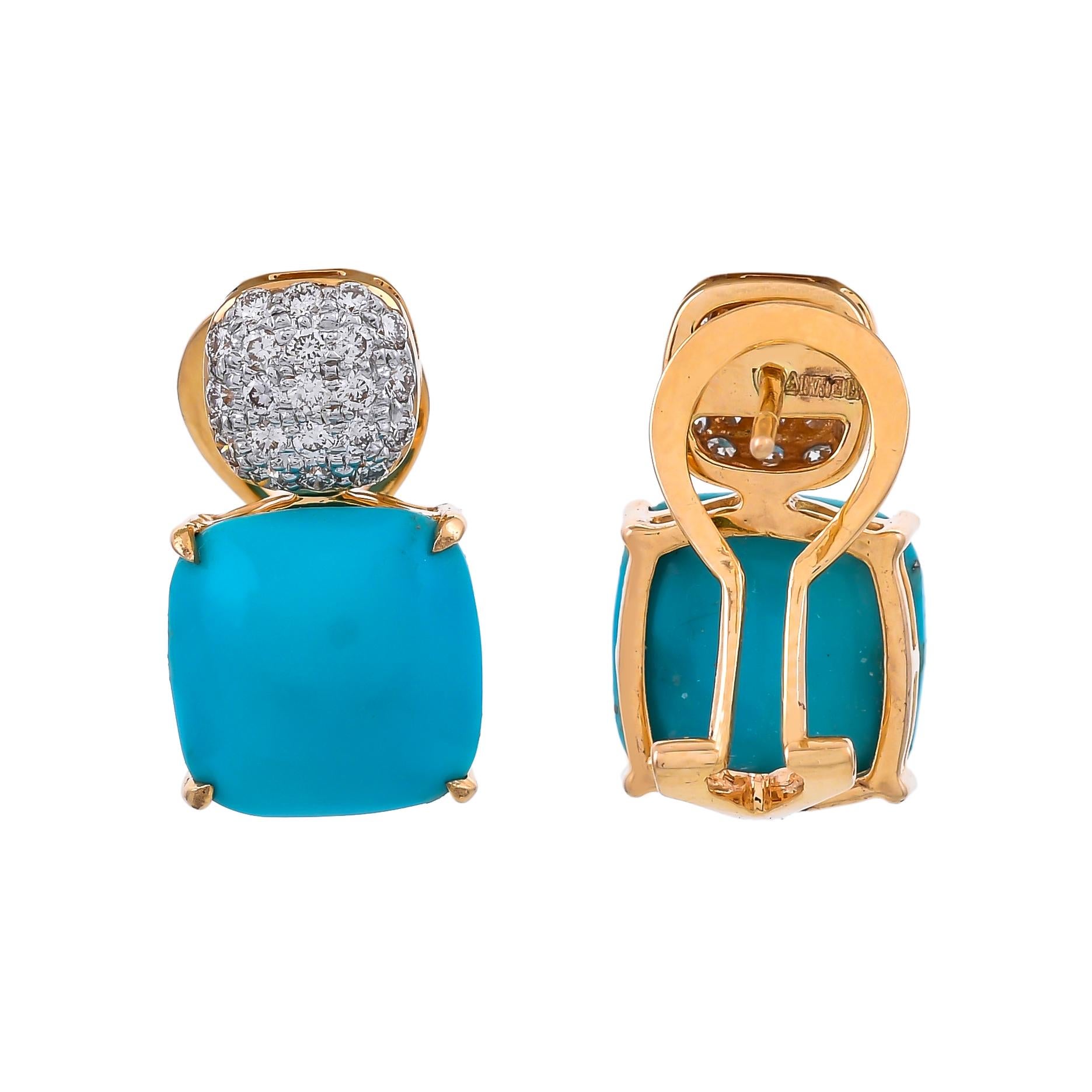 Modern 9.83 Carat Turquoise Diamond 18 Karat Yellow Gold Stud Earrings