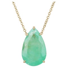 9.83ct 14K Large Medium Green Pear Cut Emerald 5 Prong Solitaire Gold Necklace
