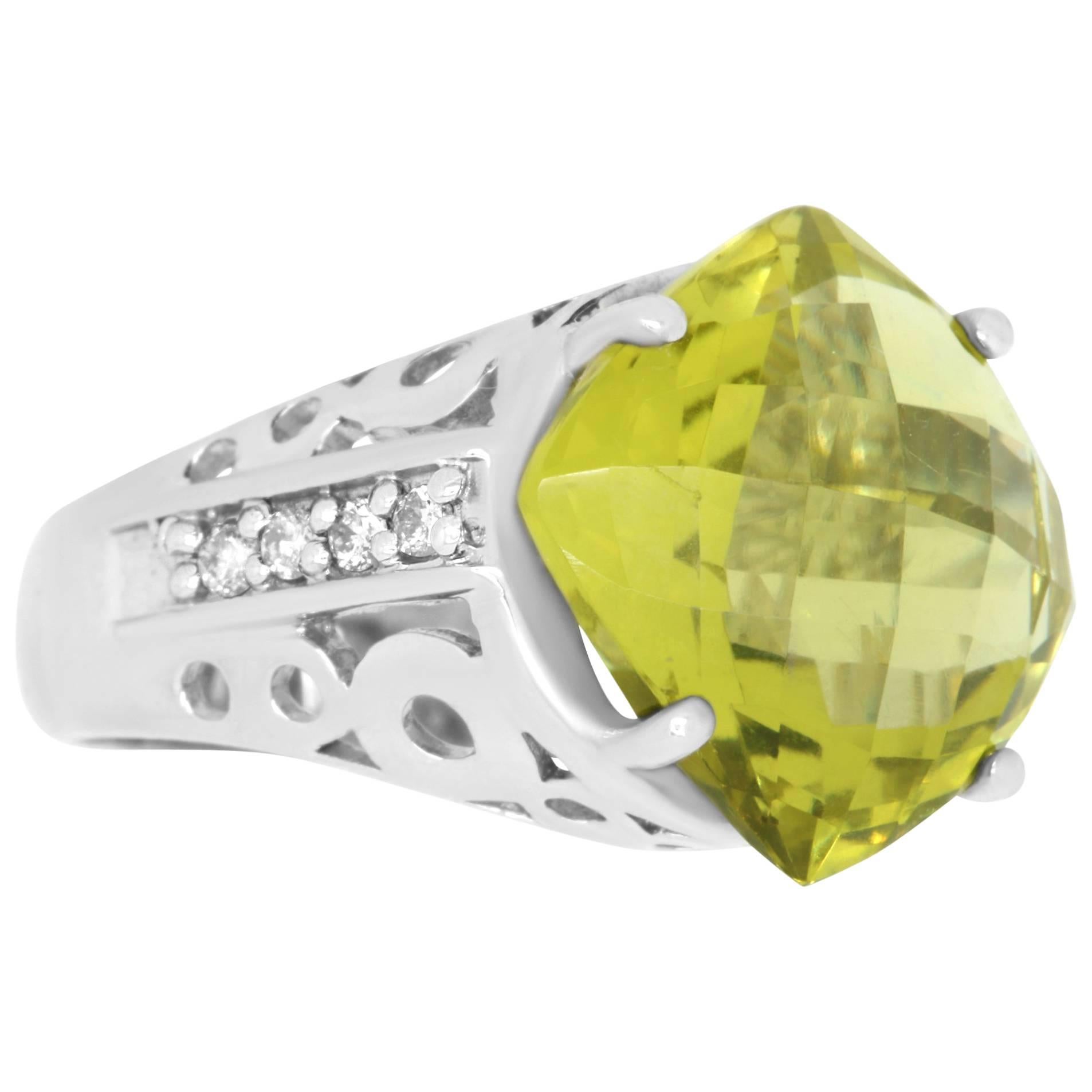 Material: 14k White Gold 
Center Stone Details: 9.84 Carat Cushion Cut Checker Cut Green Quartz
Mounting Stone Details: 8 Brilliant Round White Diamond at 0.20 Carats - Clarity: SI / Color:  H-I
Size: Can be sized.

Fine one-of-a-kind craftsmanship