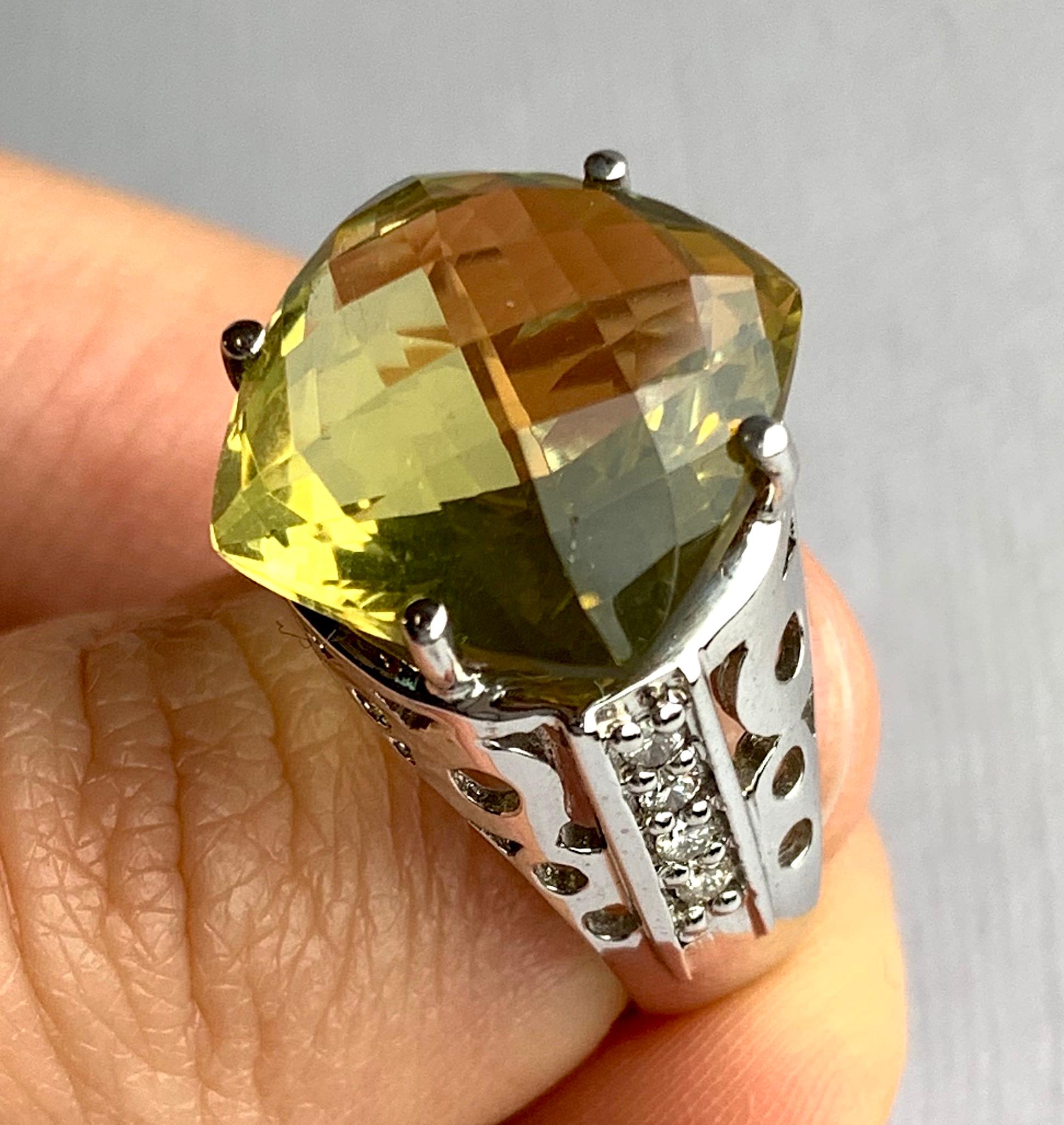 9.84 Carat Cushion Checker Cut Green Quartz Ring In New Condition In GREAT NECK, NY