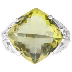 9.84 Carat Cushion Checker Cut Green Quartz Ring