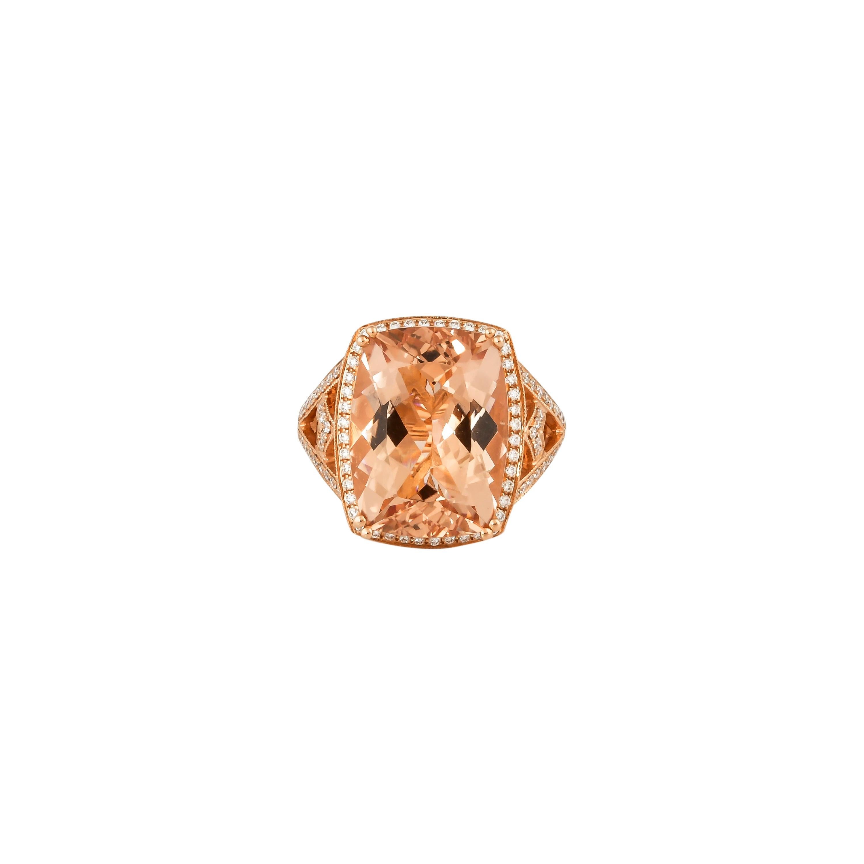 This collection features an array of magnificent morganites! Accented with diamonds these rings are made in rose gold and so give a classic yet elegant look. 

Classic morganite ring in 18K rose gold with diamonds. 

Morganite: 9.84 carat cushion