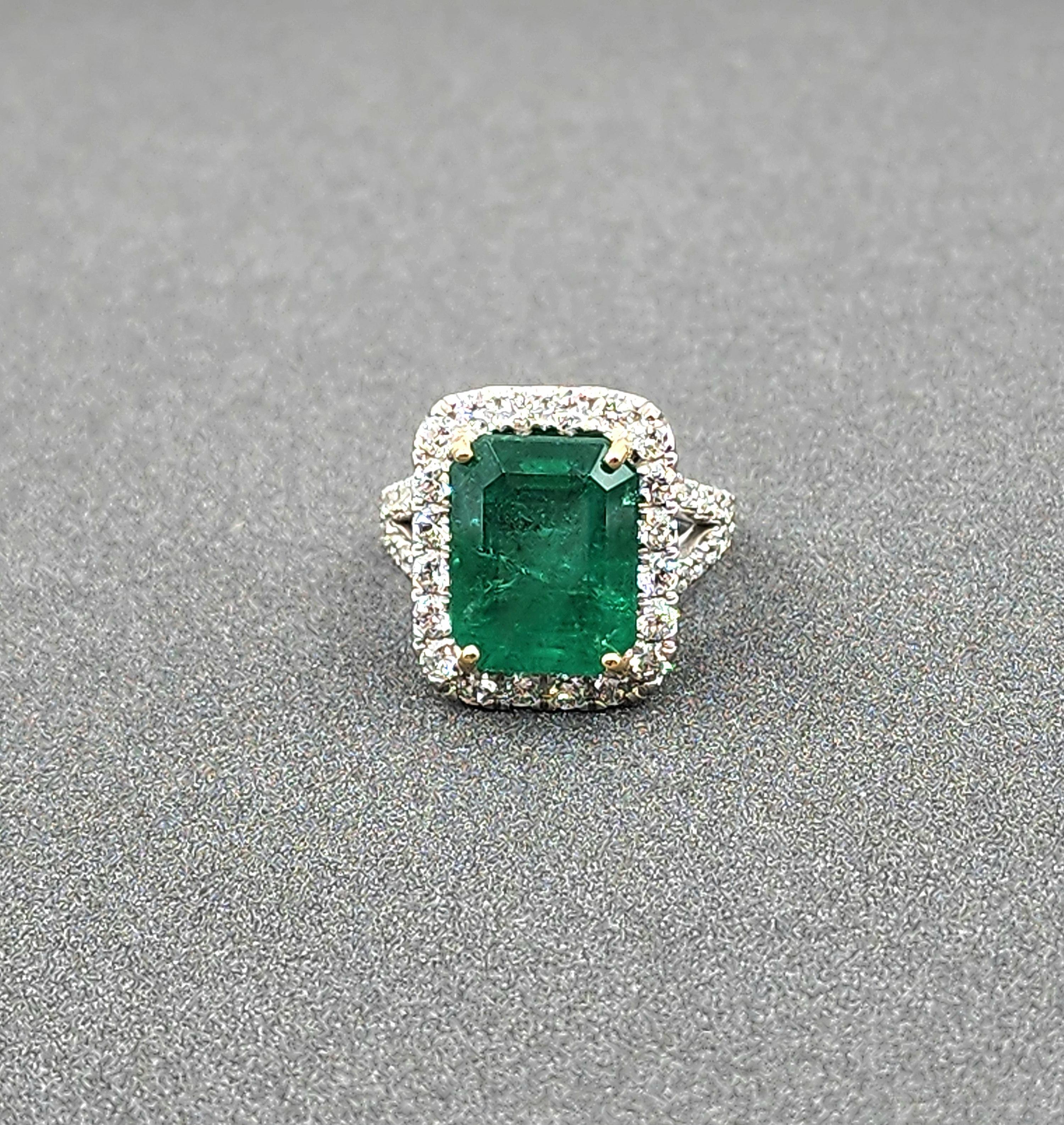 Emerald Cut 9.84 ct GIA Certified Natural Zambian Emerald & Diamond Ring For Sale