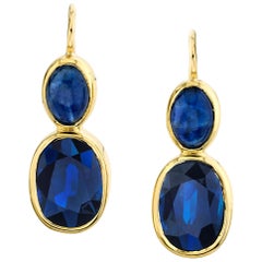 9.85 ct. t.w. Blue Sapphire, 18k Yellow Gold Bezel French Wire Drop Earrings