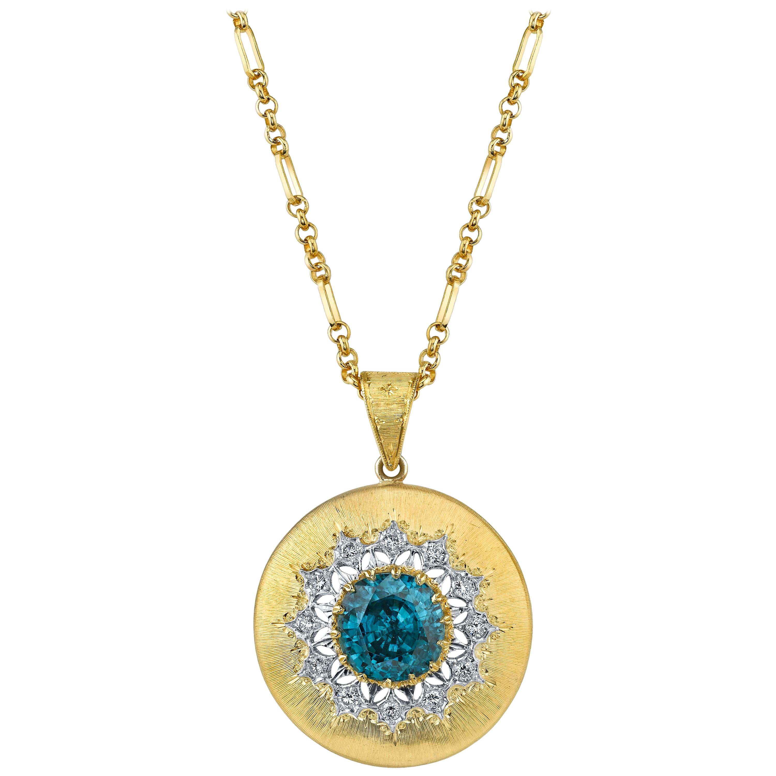 9.85 ct. Round Blue Zircon, Diamond 18k Gold Handmade Italian Florentine Pendant