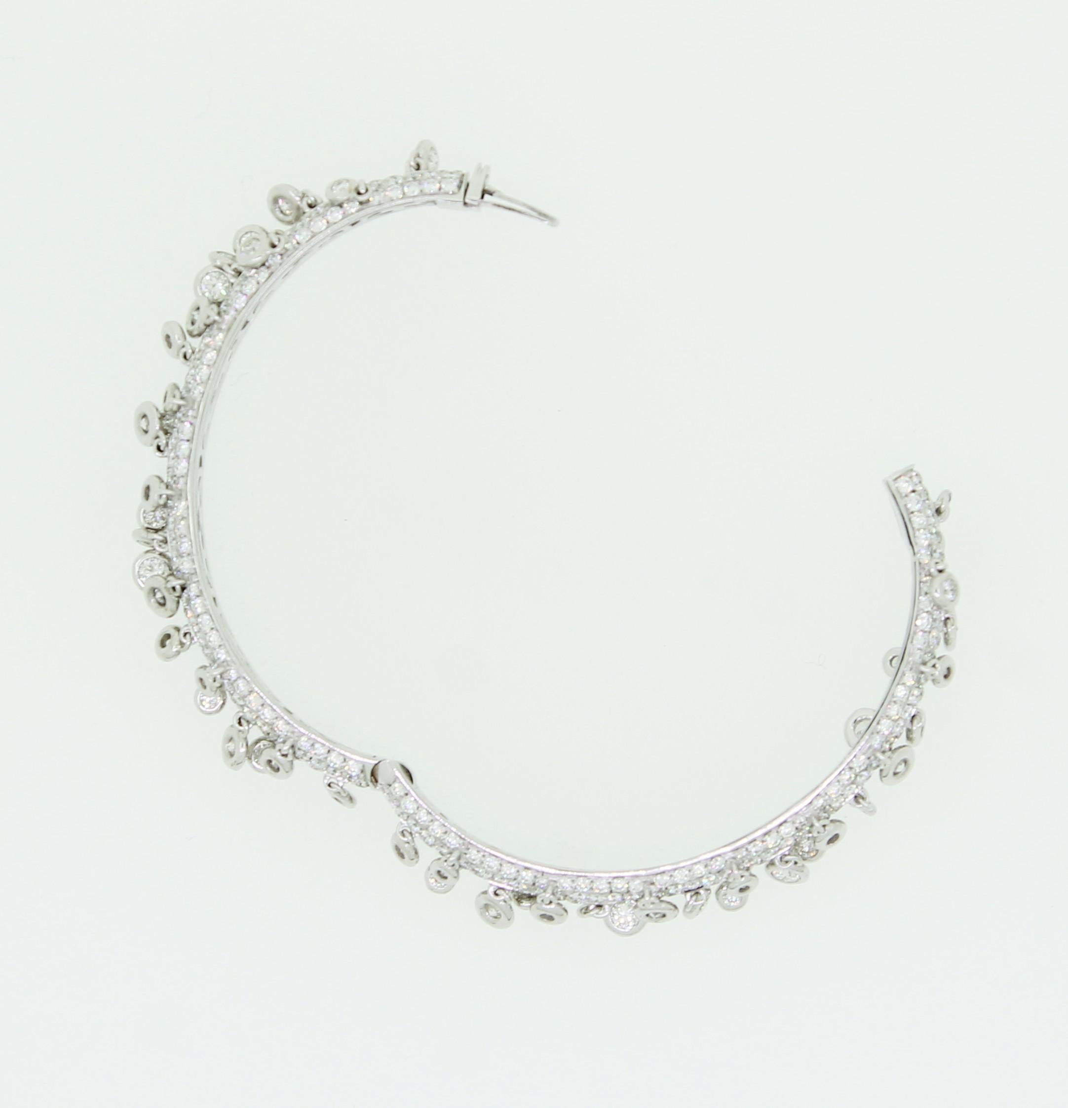 Round Cut 9.85 Carat Dangling White Diamonds Cuff Bracelets For Sale