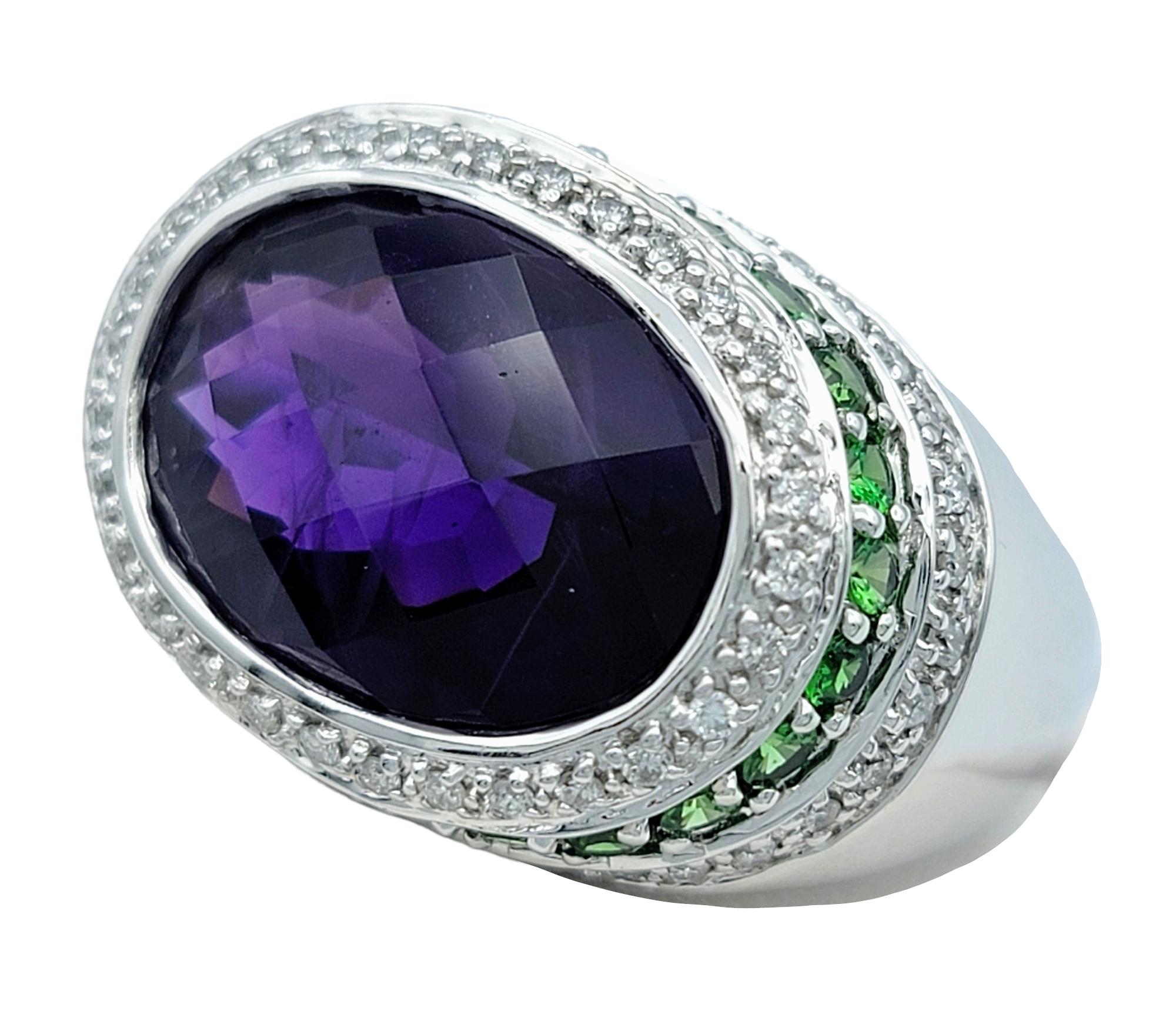 Contemporary 9.85 Carat Oval Amethyst with Tsavorite & Diamond Cocktail Ring in 14 Karat Gold For Sale