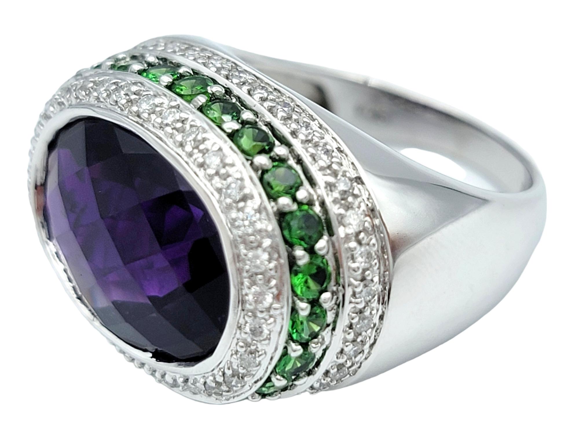 Oval Cut 9.85 Carat Oval Amethyst with Tsavorite & Diamond Cocktail Ring in 14 Karat Gold For Sale