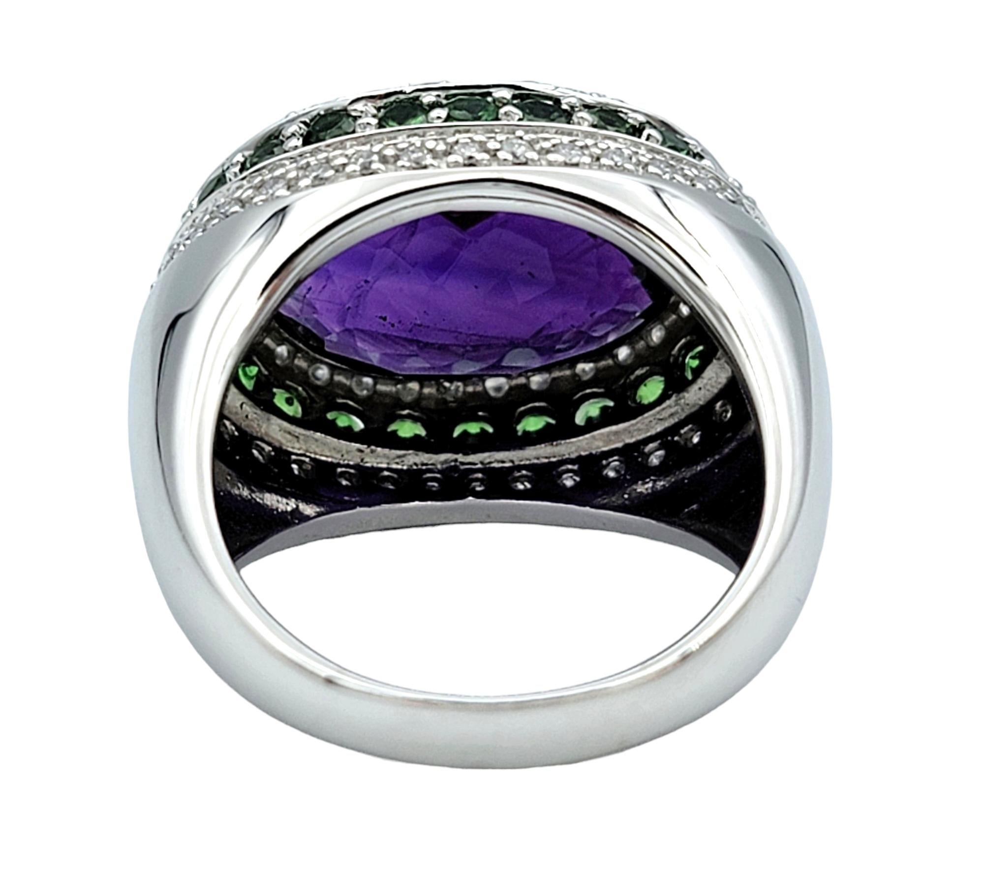 Women's 9.85 Carat Oval Amethyst with Tsavorite & Diamond Cocktail Ring in 14 Karat Gold For Sale