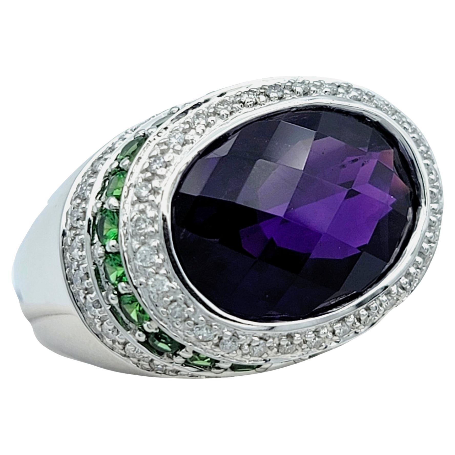 9.85 Carat Oval Amethyst with Tsavorite & Diamond Cocktail Ring in 14 Karat Gold