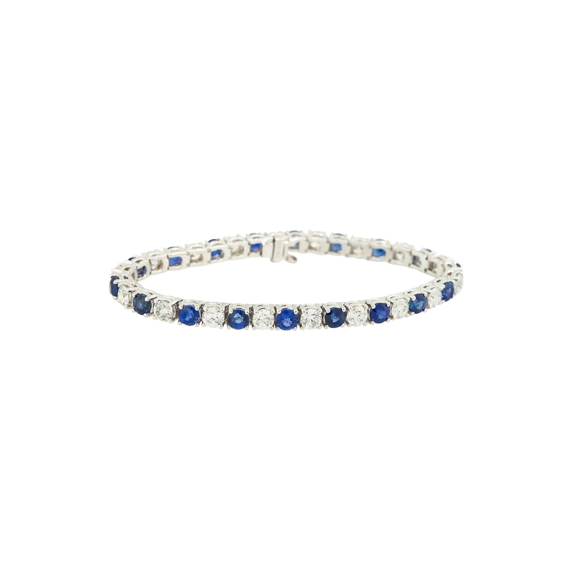Material: 18k White Gold
Diamond Details: Approx. 7.26ctw of Round Brilliant Cut Diamonds. Diamonds are G/H in color and SI in clarity
Gemstone Details: Approx. 9.85ctw of Sapphires
Clasps: Tongue in Box Clasp
Total Weight: 15.3dwt
Length: