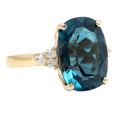 9.85 Carat Natural Impressive London Blue Topaz and Diamond 14k Yellow Gold Ring