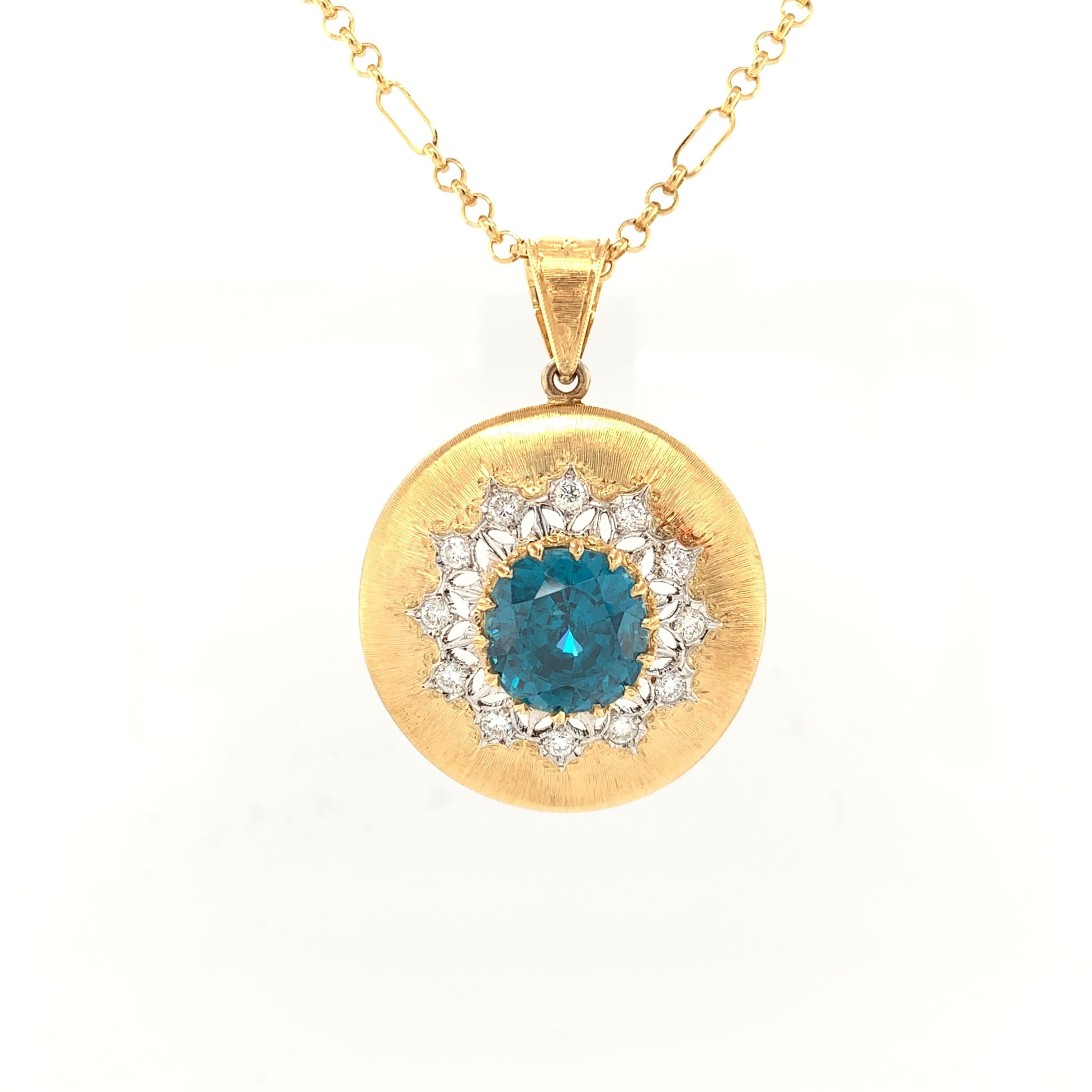 Women's 9.85 ct. Round Blue Zircon, Diamond 18k Gold Handmade Italian Florentine Pendant