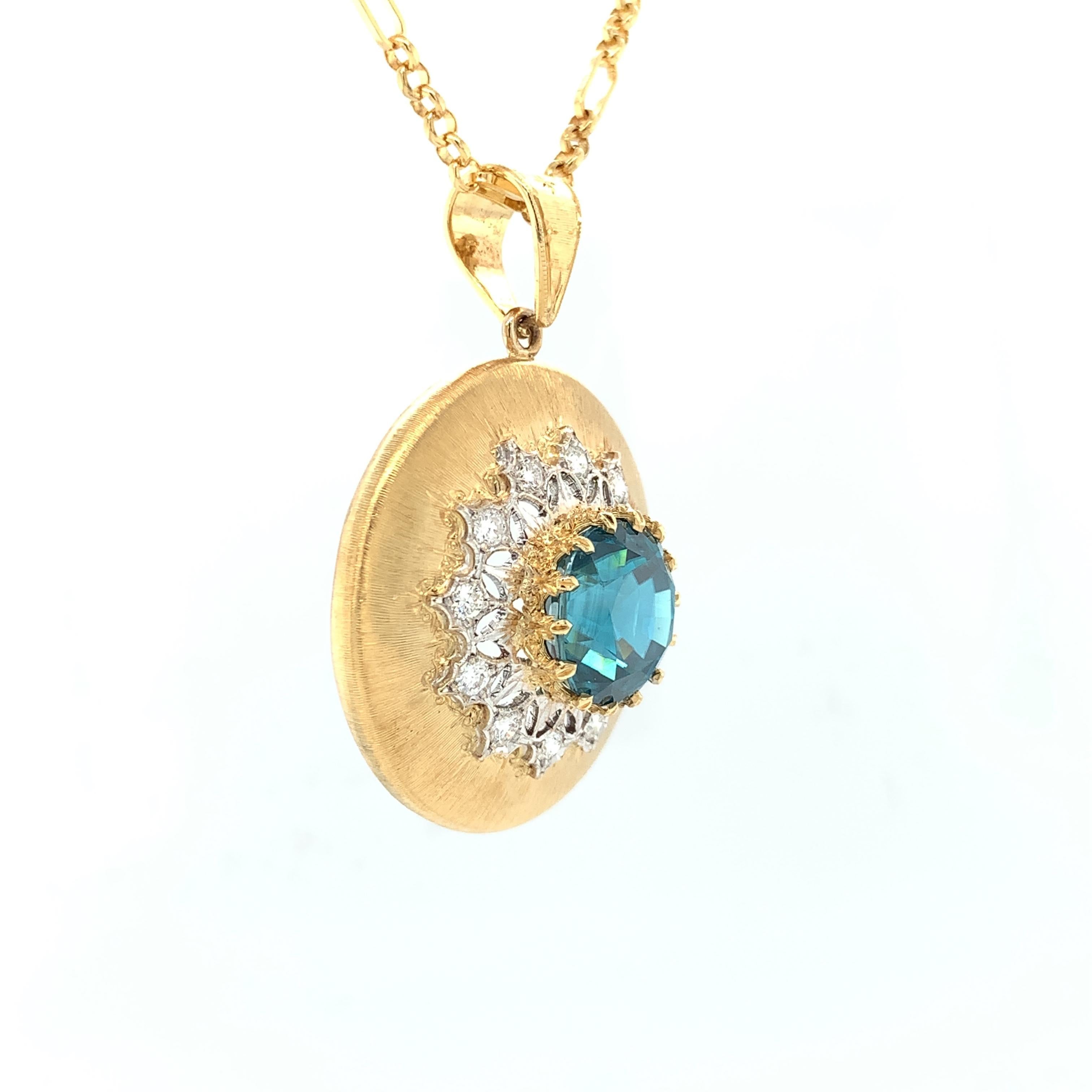 Artisan 9.85 ct. Round Blue Zircon, Diamond 18k Gold Handmade Italian Florentine Pendant