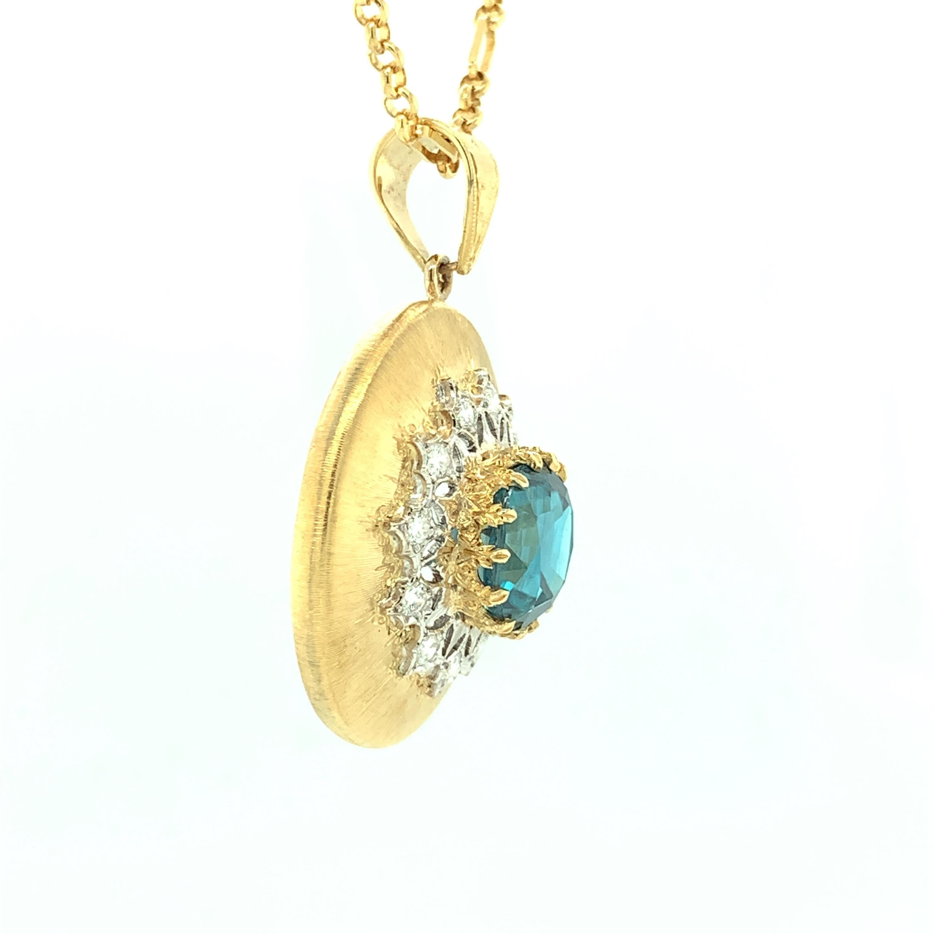Round Cut 9.85 ct. Round Blue Zircon, Diamond 18k Gold Handmade Italian Florentine Pendant