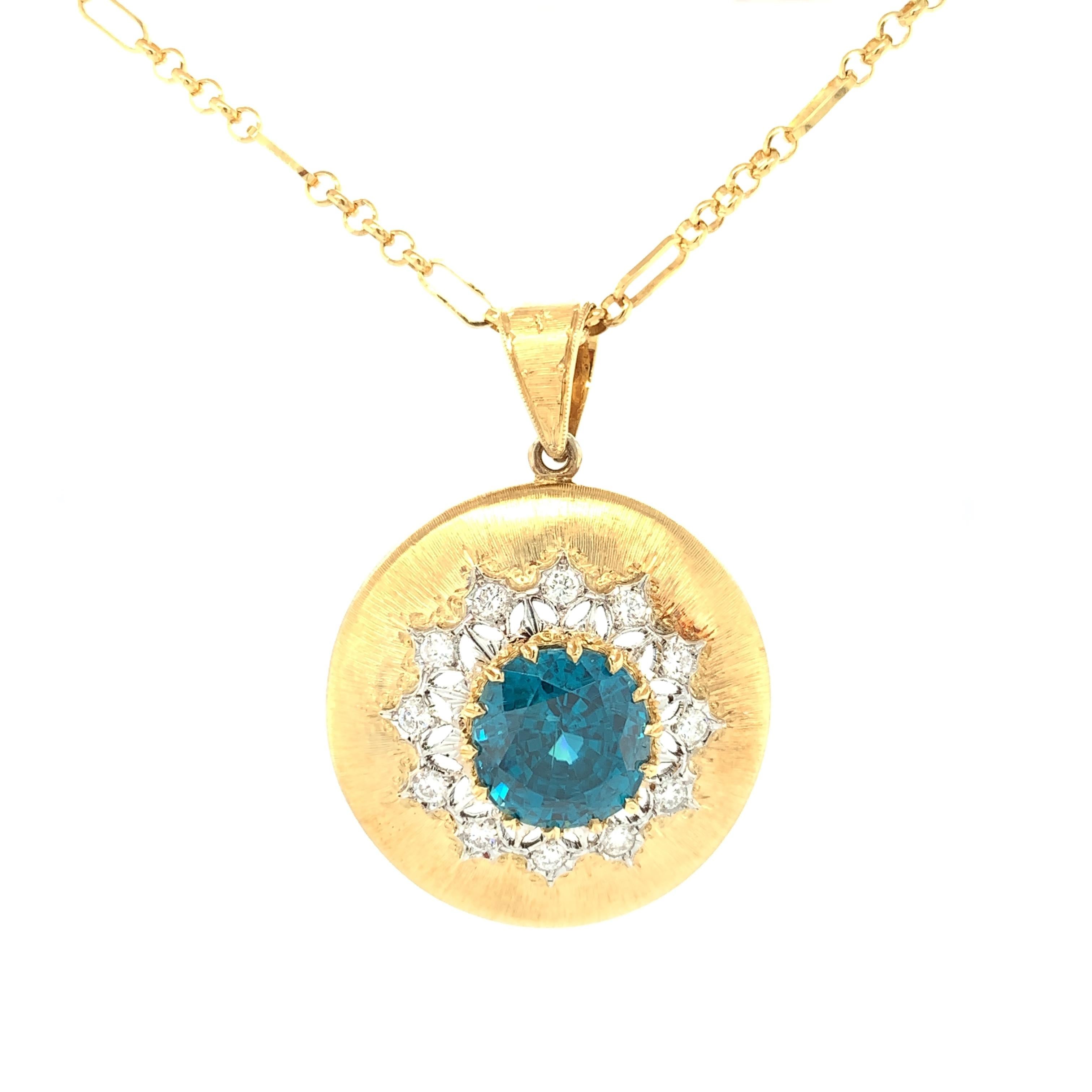 9.85 ct. Round Blue Zircon, Diamond 18k Gold Handmade Italian Florentine Pendant In New Condition In Los Angeles, CA