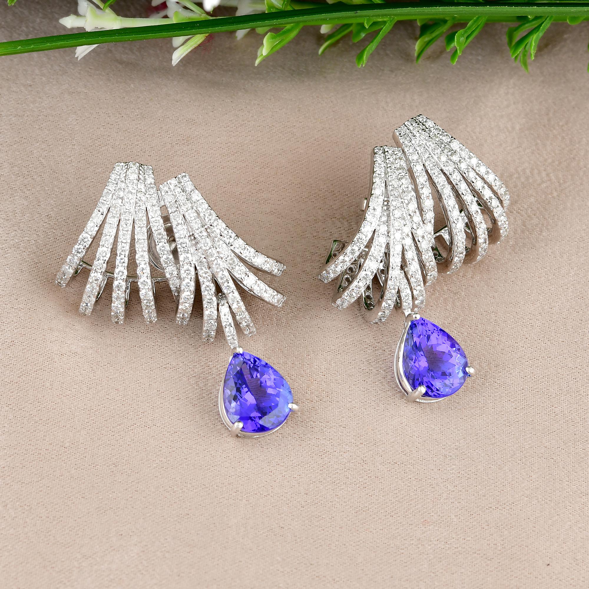 9,85 TCW Tansanit Edelstein Diamant Hoop Drop Ohrringe in 14k Weißgold Schmuck (Tropfenschliff) im Angebot