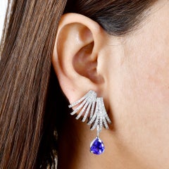 9.85 TCW Tanzanite Gemstone Diamond Hoop Drop Earrings in 18k White Gold Jewelry