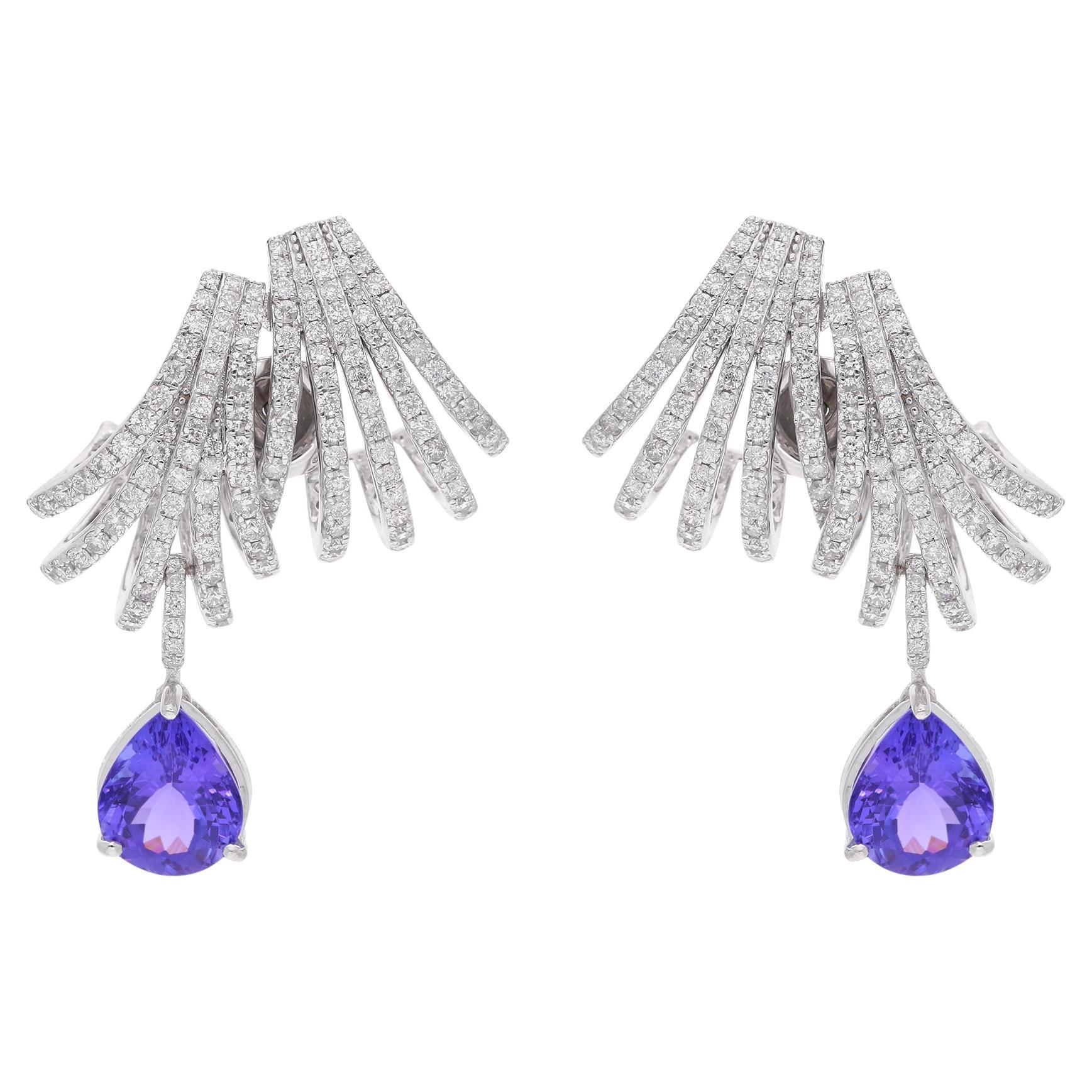 9,85 TCW Tansanit Edelstein Diamant Hoop Drop Ohrringe in 18k Weißgold Schmuck (Moderne) im Angebot