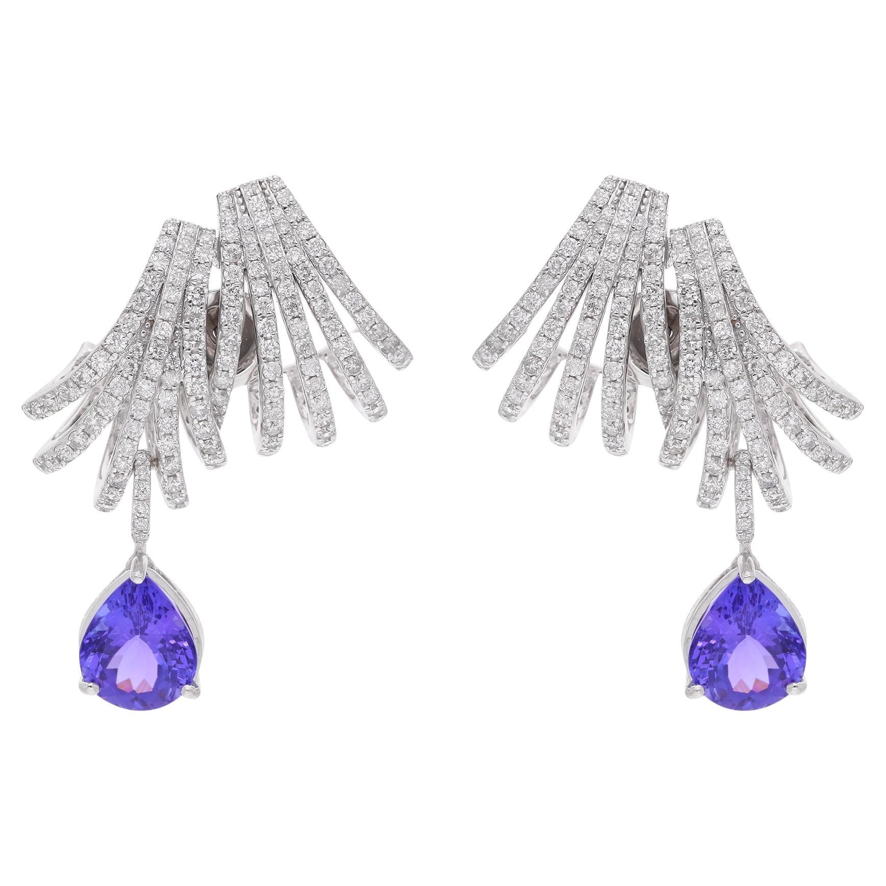 9.85 TCW Tanzanite Gemstone Diamond Hoop Ears Drop Ears in 18k White Gold Jewelry