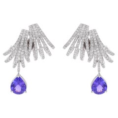 9.85 TCW Tanzanite Gemstone Diamond Hoop Drop Earrings in 18k White Gold Jewelry