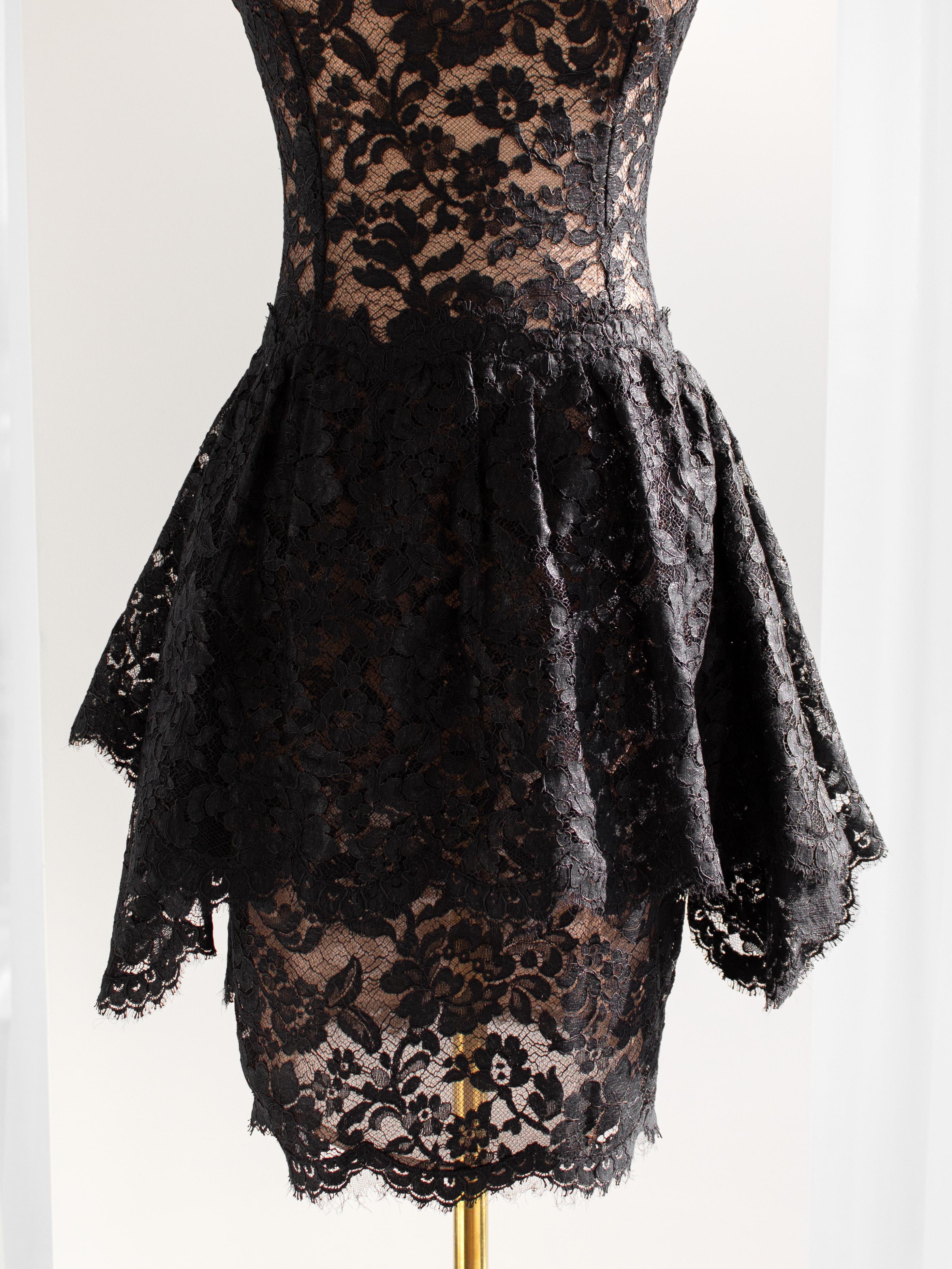 $9850 Chanel F/W 2018 Black Lace Flower Pearl Peplum Embellished 18K Mini Dress 9